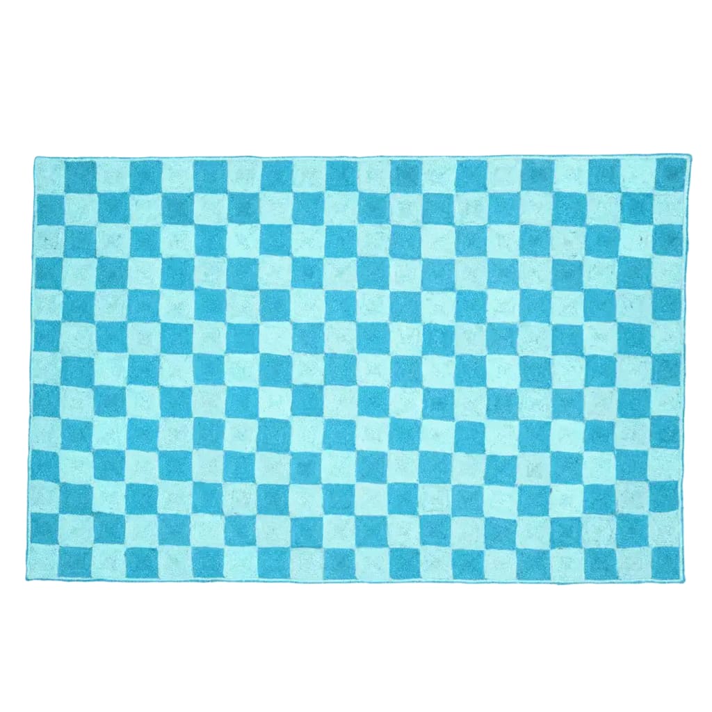 A light blue checker jute rug, perfect as a large area rug for living rooms or formal dining rooms. This stylish jute rug features a classic checker pattern, adding a touch of elegance to any dining room setting.