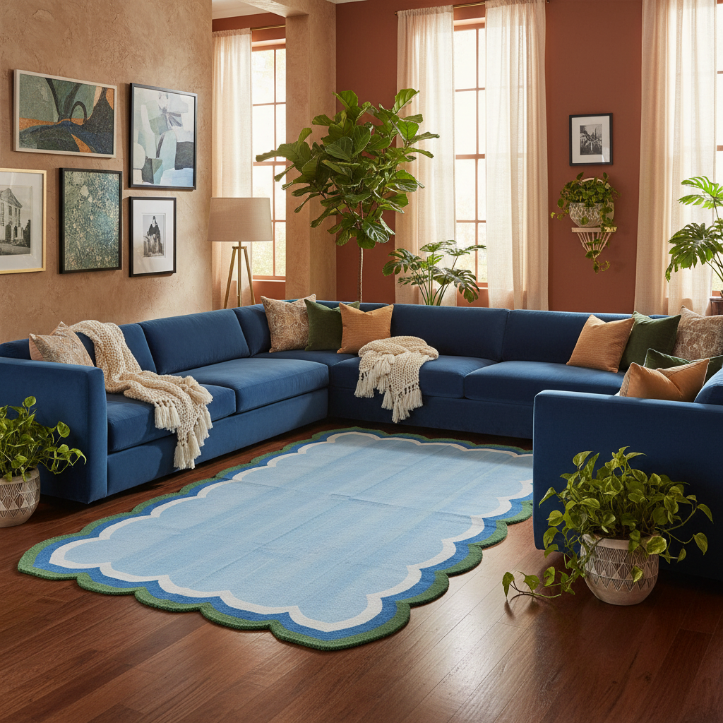 Light Blue Handmade Reversible Cotton Scalloped Rug 3' x 5'