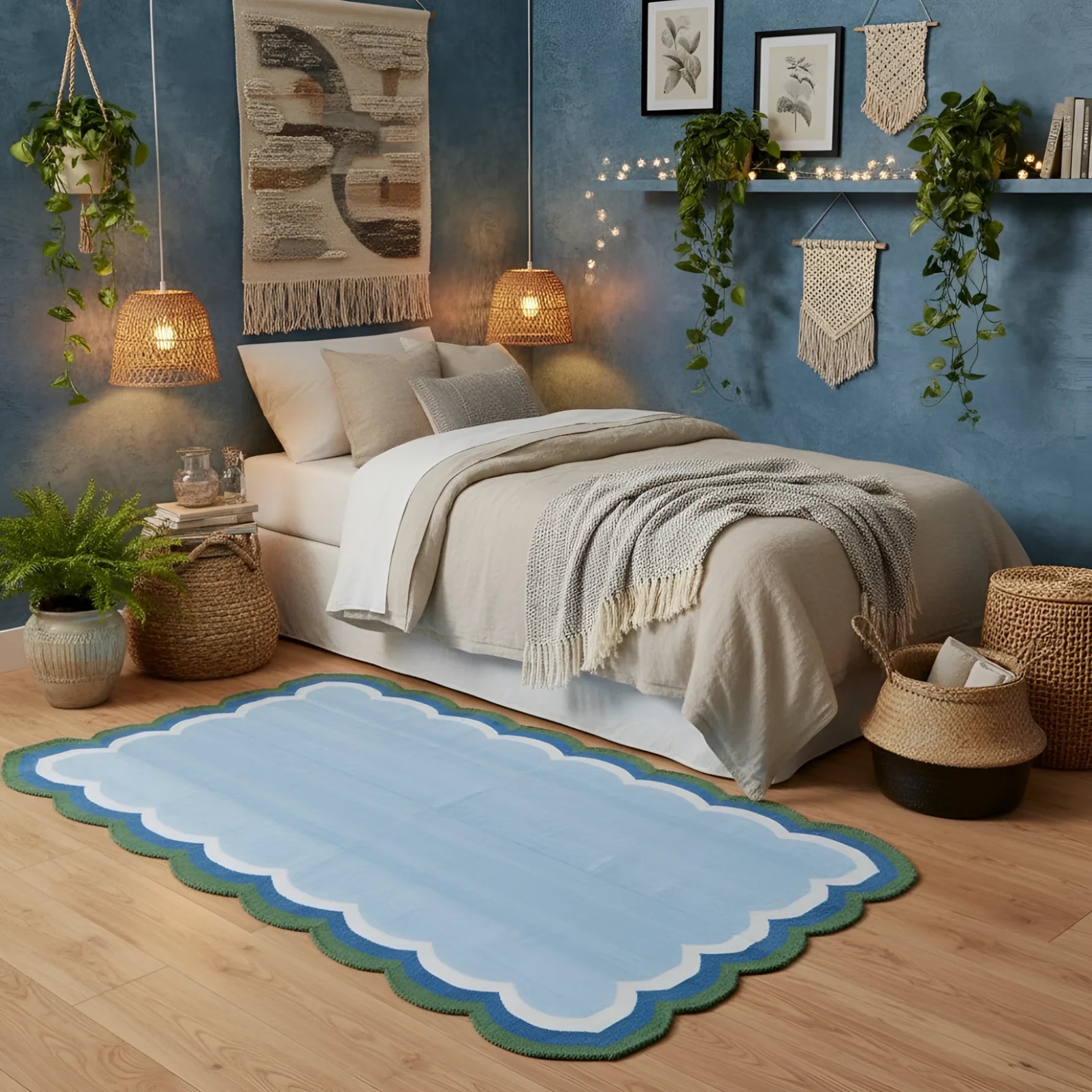 Light blue scalloped cotton rug with green and white border in boho blue bedroom with bed and plants