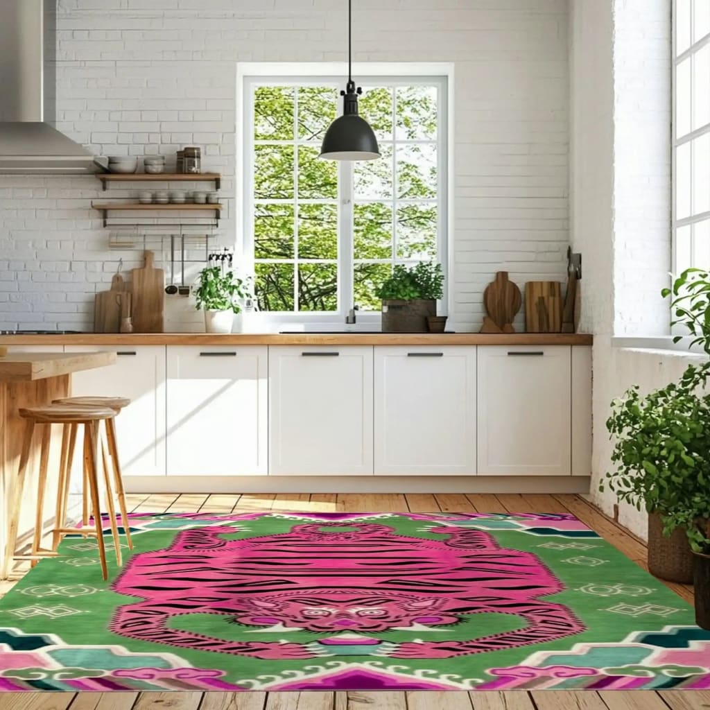 A vibrant light green oriental tiger hand-tufted wool area rug displayed in a bright, modern kitchen setting. The striking pink tiger design adds a vintage flair, making it perfect for bedroom rugs, office spaces, or as an elegant centerpiece in a bedroom. This wool rug enhances the room with its bold colors and intricate patterns, ideal for those seeking unique rugs for bedrooms.