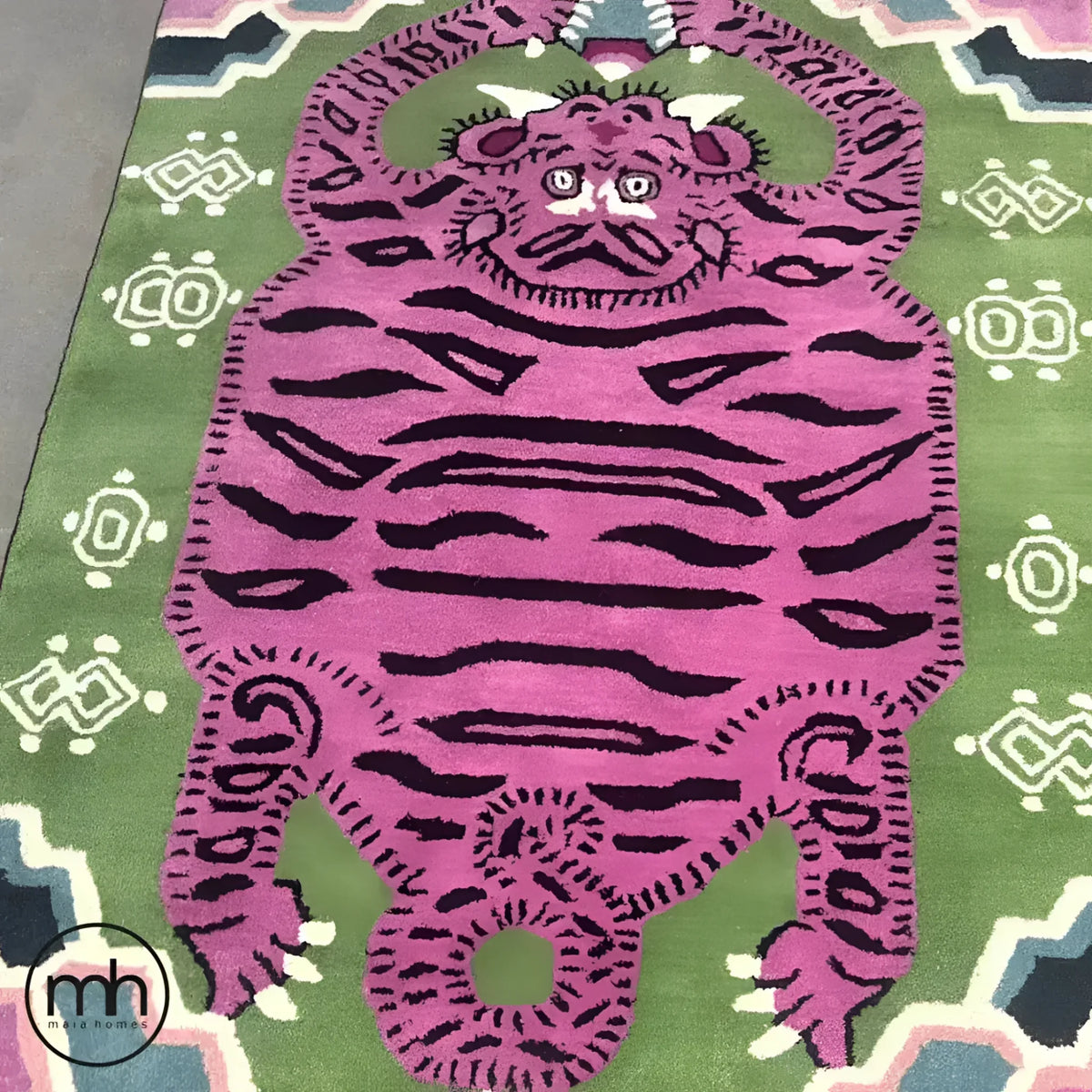 Top view of a light green oriental tiger hand-tufted wool rug, featuring a bold abstract tiger design in purple and black. This vintage rug adds a unique touch to any bedroom or office, offering a stylish and durable area rug option.
