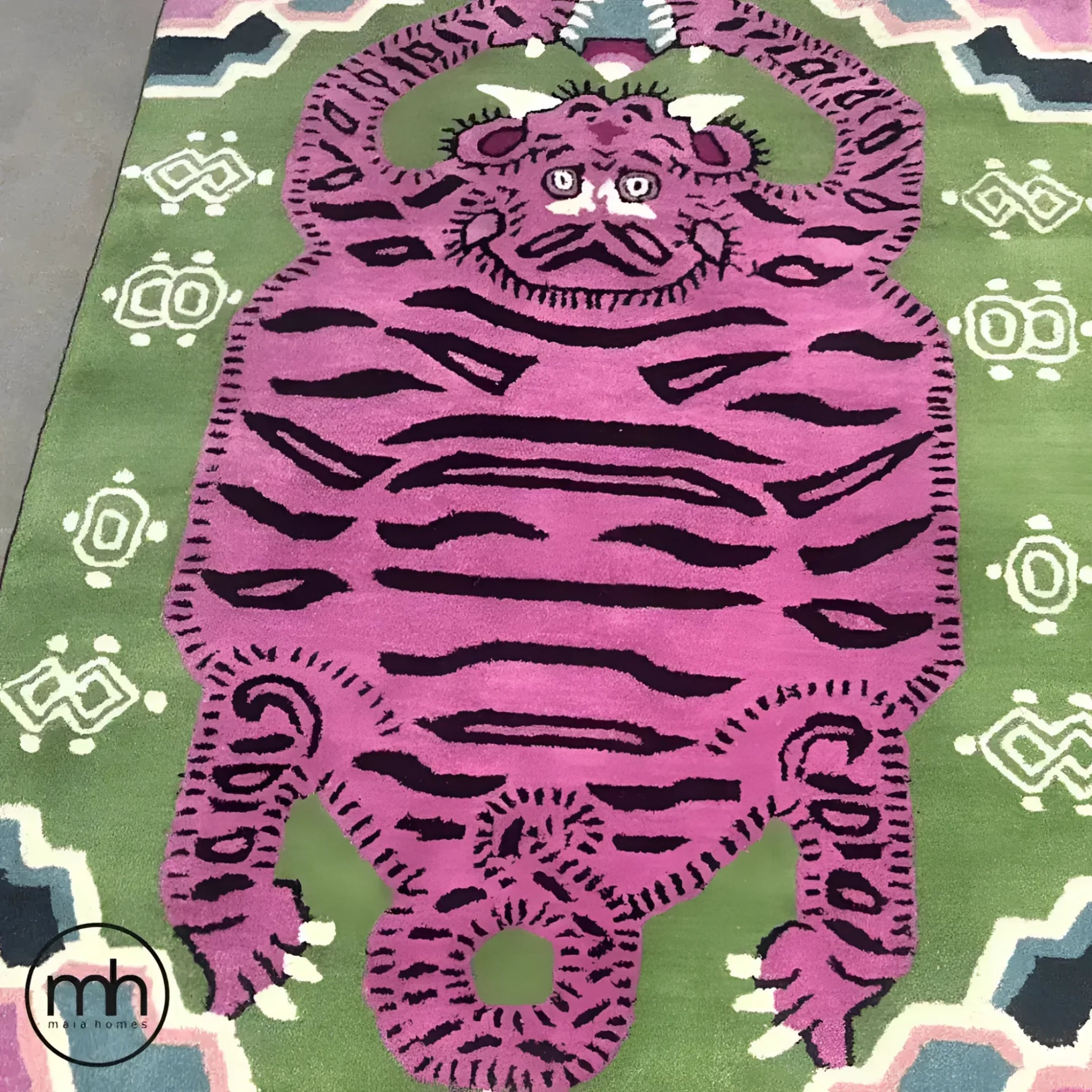 Top view of a light green oriental tiger hand-tufted wool rug, featuring a bold abstract tiger design in purple and black. This vintage rug adds a unique touch to any bedroom or office, offering a stylish and durable area rug option.