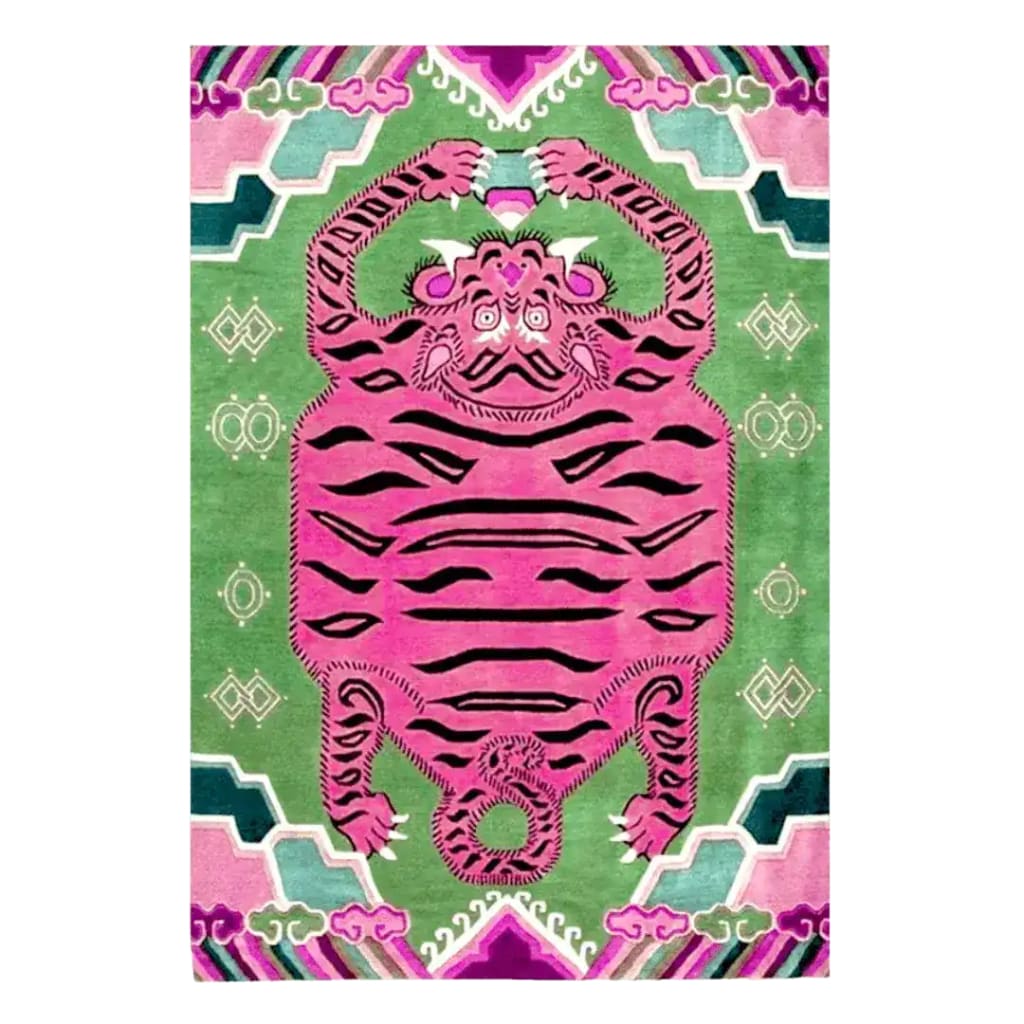 A vibrant light green oriental tiger hand-tufted wool area rug featuring a striking pink tiger design. Ideal for adding a unique touch to any bedroom or office space, this vintage rug combines a bold abstract pattern with the softness of wool, making it a perfect choice for rugs in the bedroom.