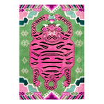 A vibrant light green oriental tiger hand-tufted wool area rug featuring a striking pink tiger design. Ideal for adding a unique touch to any bedroom or office space, this vintage rug combines a bold abstract pattern with the softness of wool, making it a perfect choice for rugs in the bedroom.