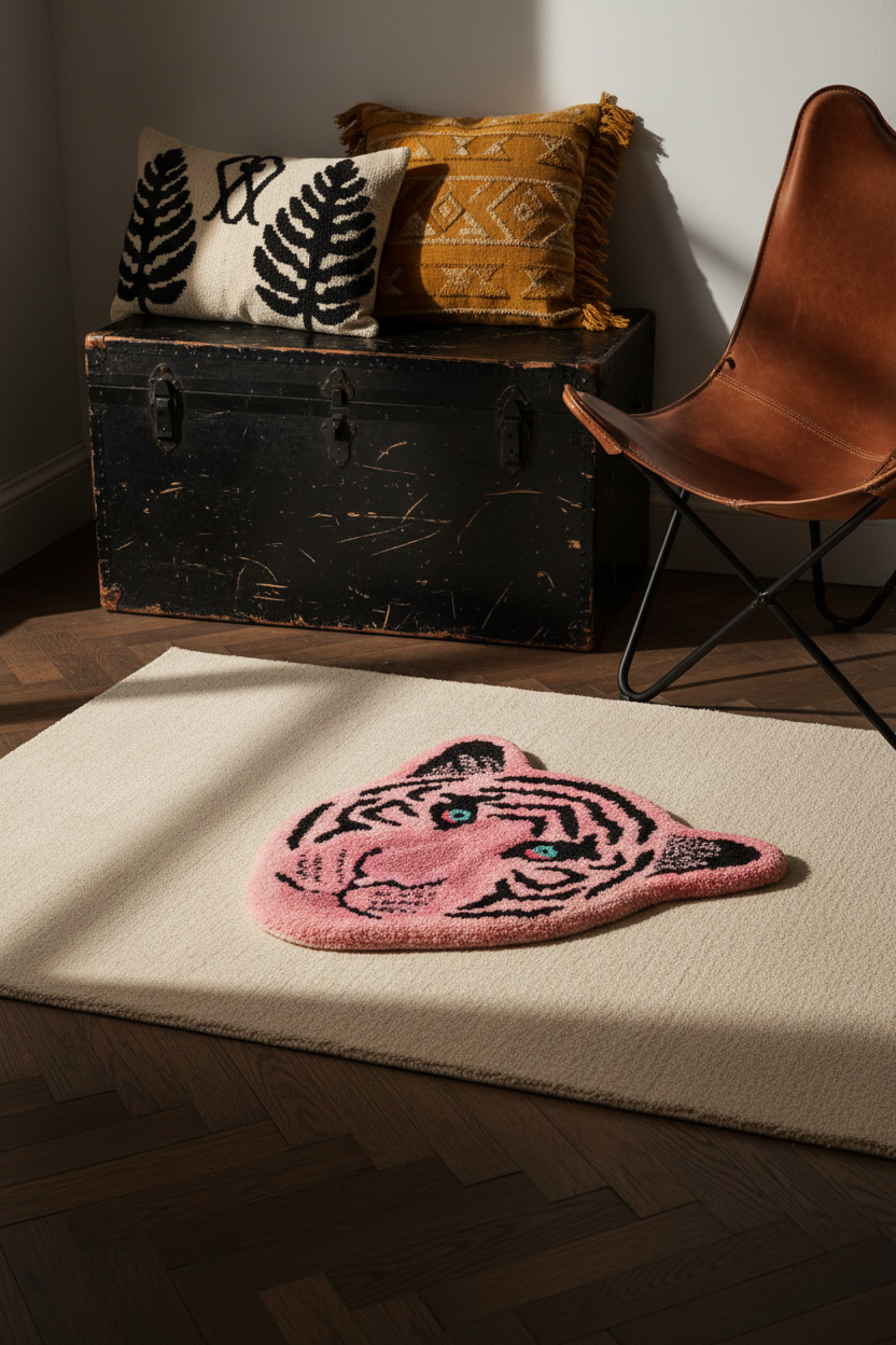 Pink tiger rug on a wooden floor with a brown chair and black trunk in the background.