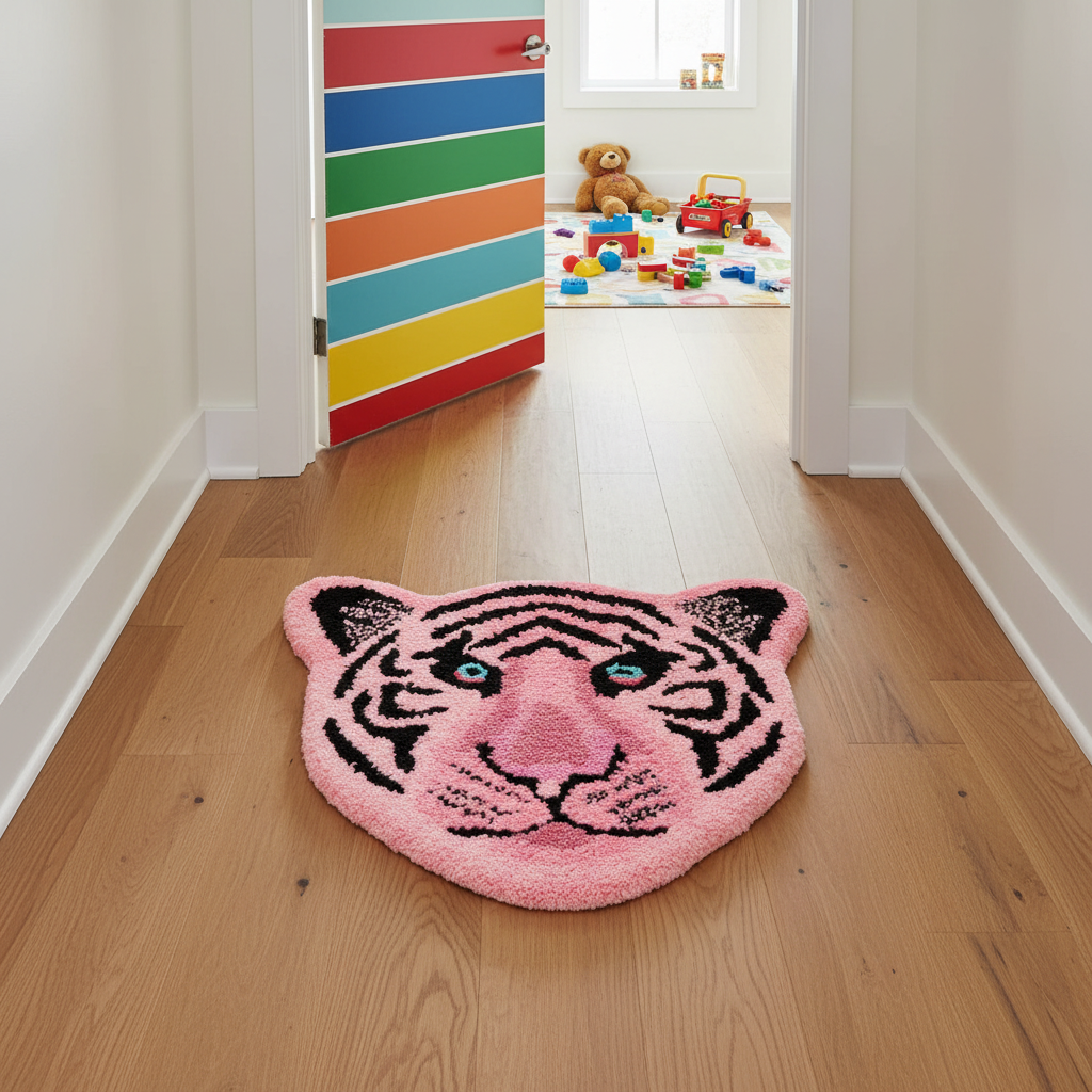 Light Pink Tiger Face Hand-Tufted Wool Accent Rug