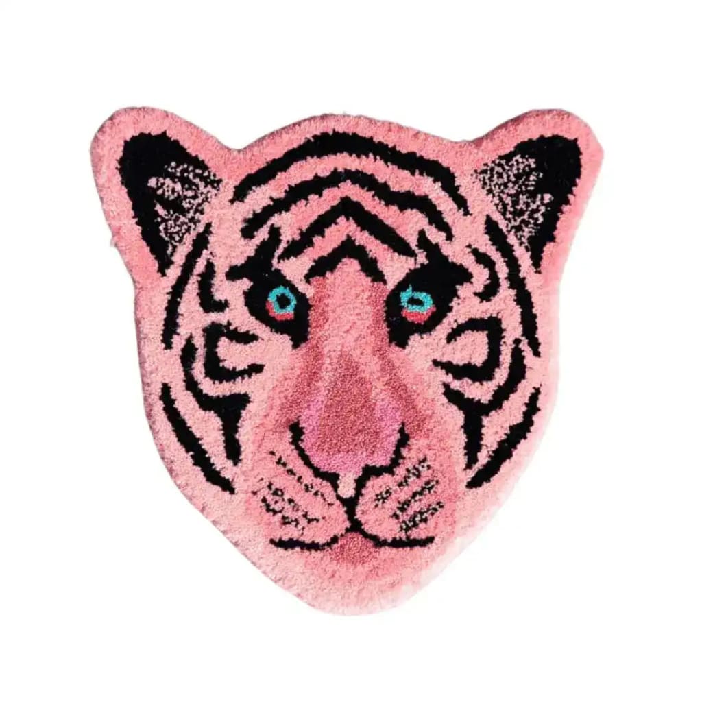 Light Pink Tiger Face Hand-Tufted Wool Accent Rug, perfect for adding a unique touch to your living room or dining room. This area rug features a striking tiger face design in shades of pink and black, making it a standout piece for formal dining room decor and living room aesthetics.