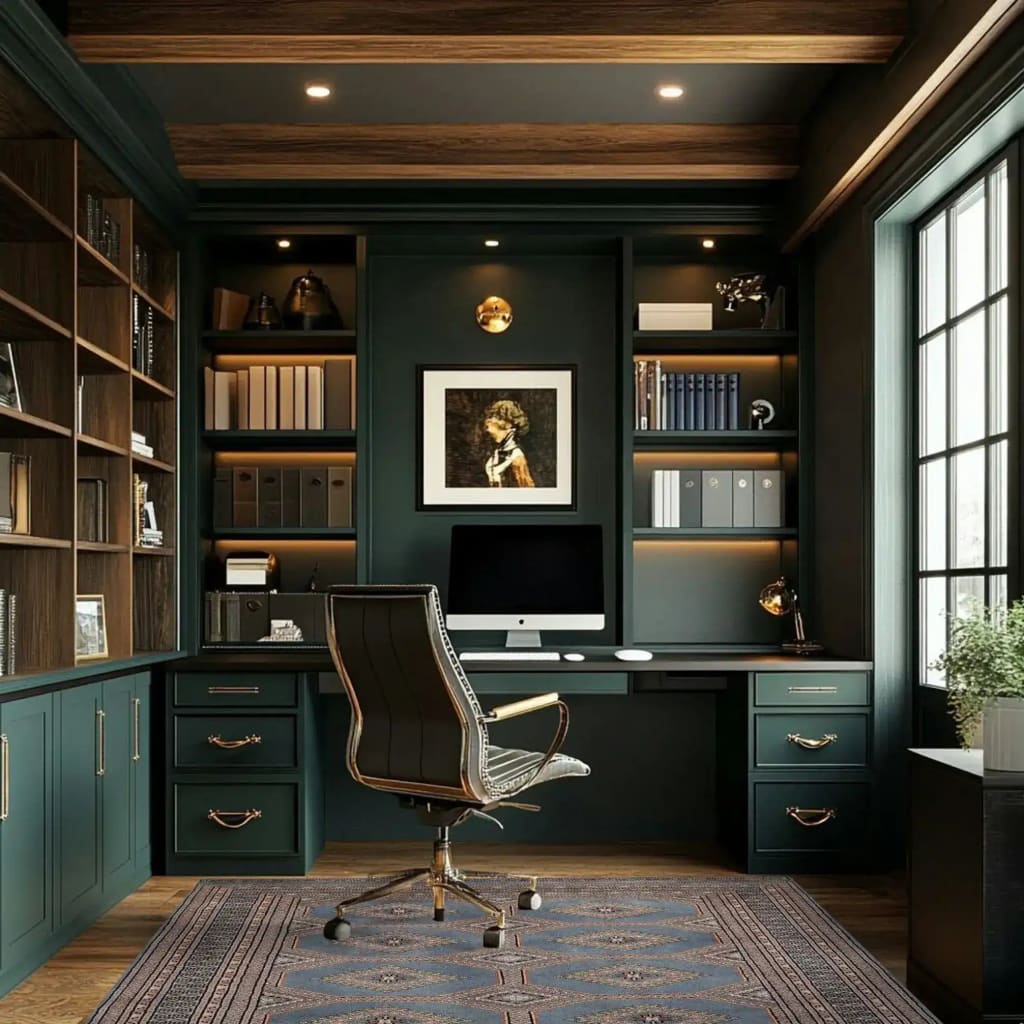 Beautifully styled home office featuring a Light Slate Grey Rajastani Hand Knotted Area Rug. The rug adds a touch of elegance to the room with its intricate design, perfect for area rugs for living room or living room rugs 8x10. The rich wooden bookshelves and modern desk complement the rug's traditional charm.