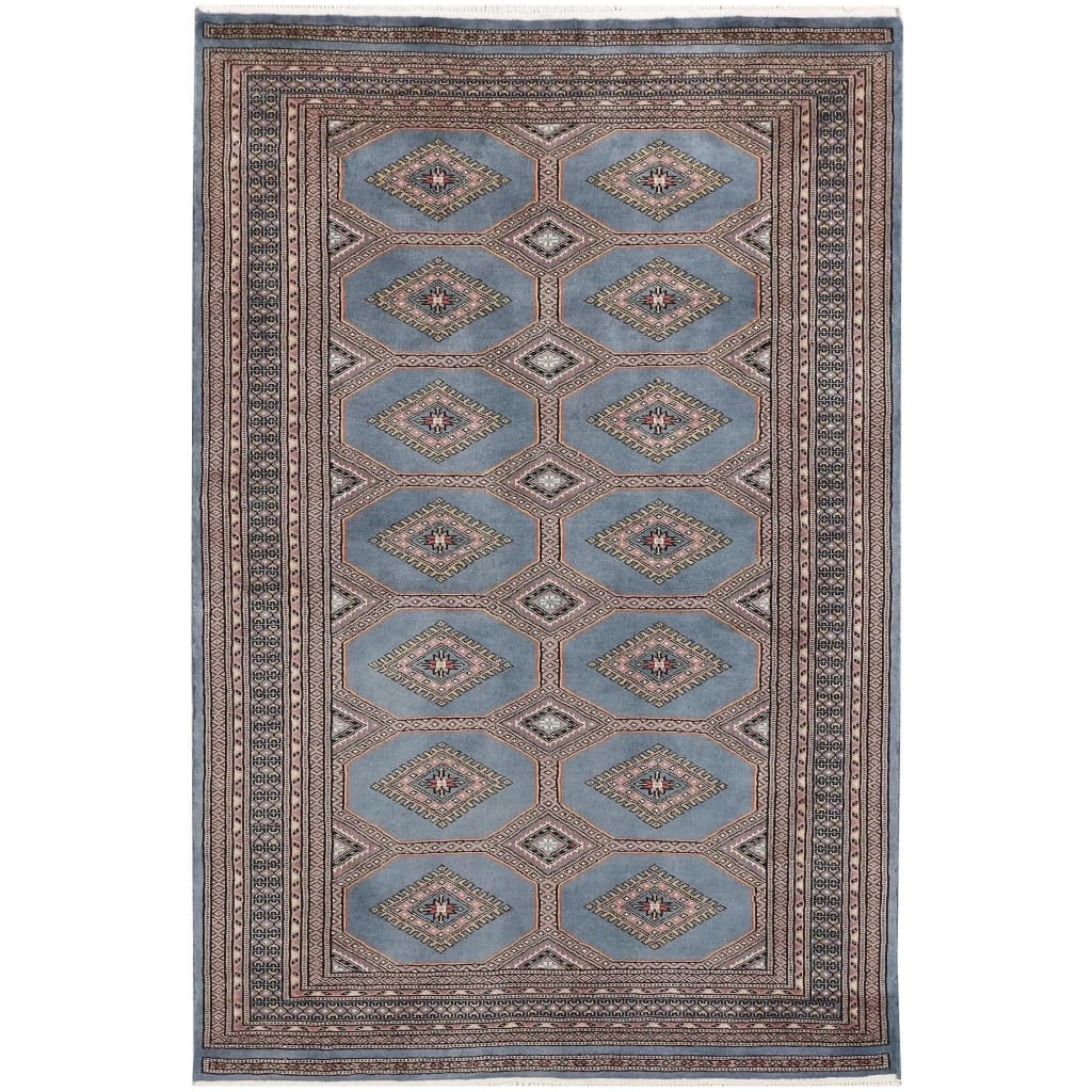 Elegant Light Slate Grey Rajasthani Hand Knotted Area Rug with intricate geometric patterns, perfect for adding a touch of sophistication to any living room. This 8x10 rug showcases a harmonious blend of traditional craftsmanship and contemporary design, ideal for those seeking stylish area rugs for living room decor.