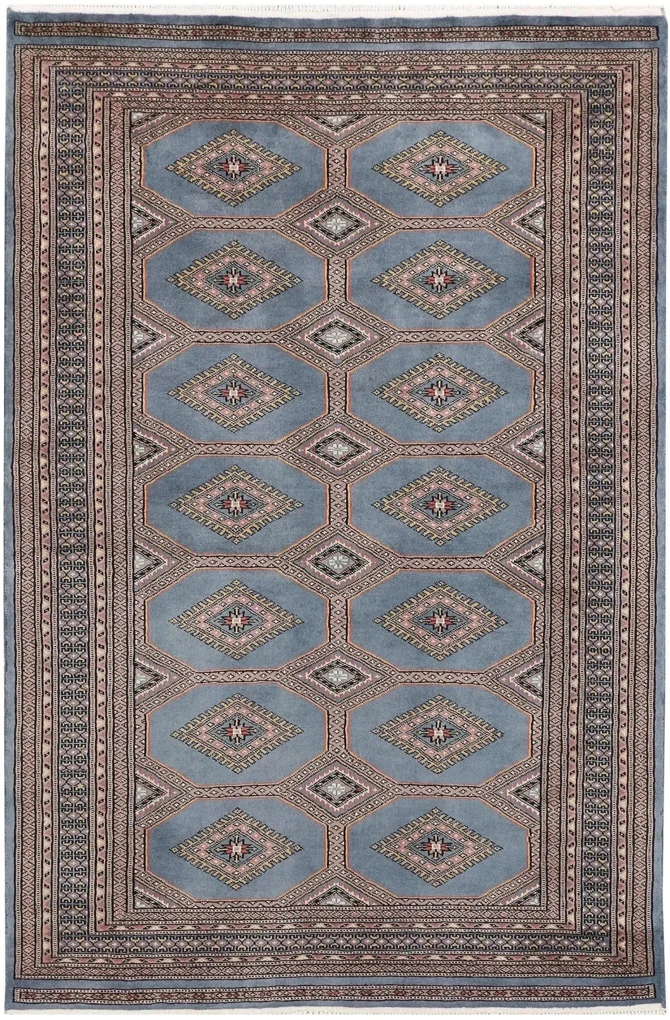 Elegant Light Slate Grey Rajasthani Hand Knotted Area Rug with intricate geometric patterns, perfect for adding a touch of sophistication to any living room. This 8x10 rug showcases a harmonious blend of traditional craftsmanship and contemporary design, ideal for those seeking stylish area rugs for living room decor.