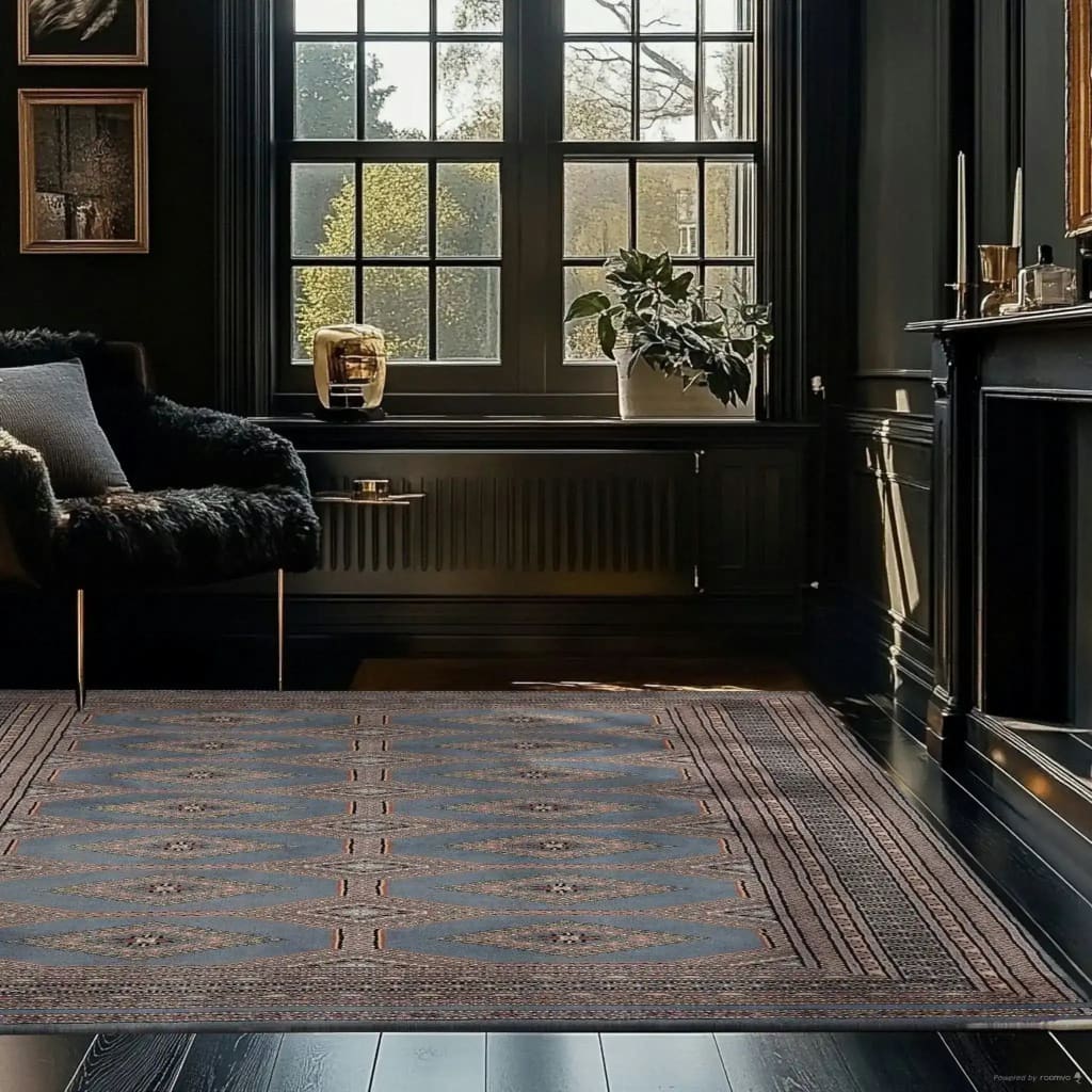A beautifully designed Light Slate Grey Rajastani Hand Knotted Area Rug graces a sophisticated living room. This 8x10 area rug features intricate patterns, complementing the stylish and cozy ambiance of the space. Ideal for adding elegance to any living room setting.