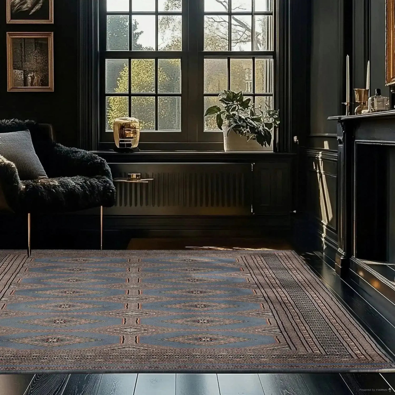 A beautifully designed Light Slate Grey Rajastani Hand Knotted Area Rug graces a sophisticated living room. This 8x10 area rug features intricate patterns, complementing the stylish and cozy ambiance of the space. Ideal for adding elegance to any living room setting.