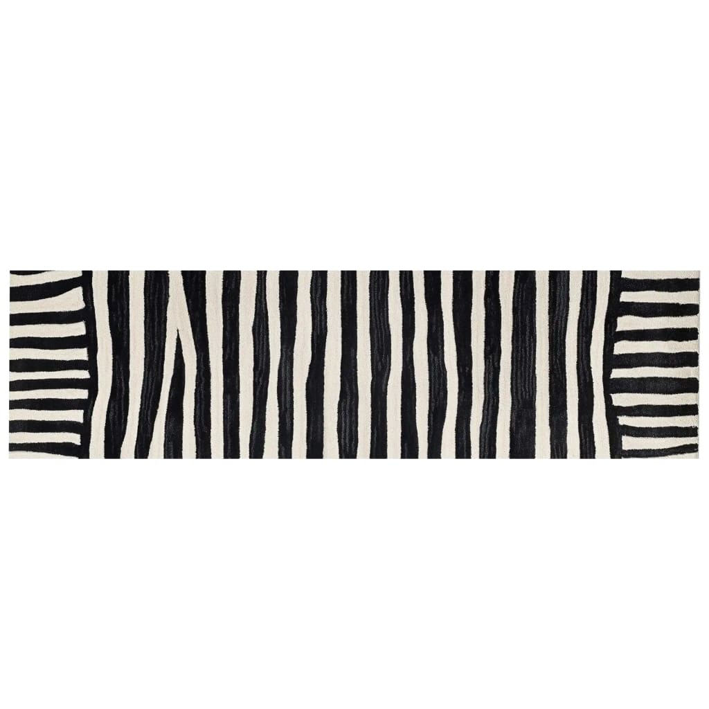 Stylish hand-tufted wool runner rug featuring a bold black and white abstract striped pattern, perfect for adding a contemporary touch to kitchen and hallway spaces. This versatile kitchen runner rug is also ideal for use as a bathroom runner rug, combining modern design with the plush comfort of a wool rug.