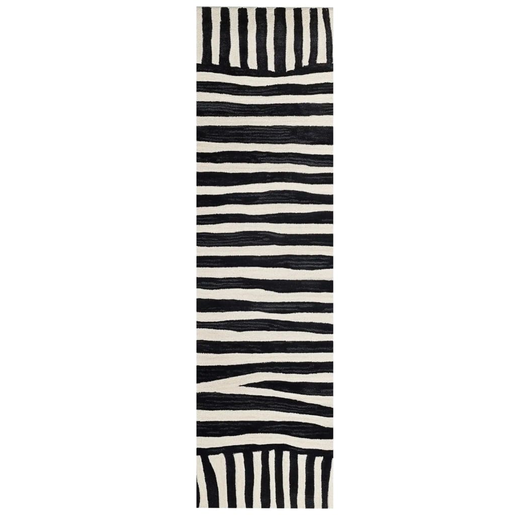 Top view of the Light Surge Hand Tufted Wool Runner Rug featuring a striking black and white abstract pattern. Perfect for adding a contemporary touch to kitchens, hallways, or bathrooms, this wool rug combines style and functionality.