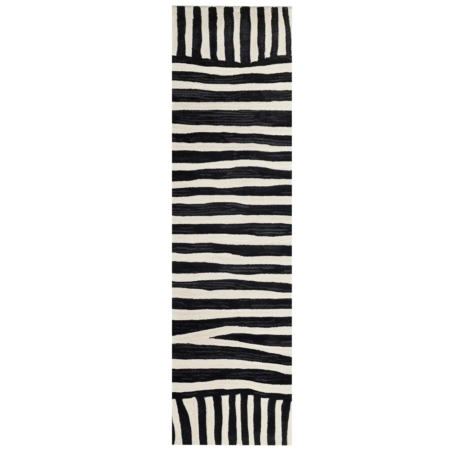 Top view of the Light Surge Hand Tufted Wool Runner Rug featuring a striking black and white abstract pattern. Perfect for adding a contemporary touch to kitchens, hallways, or bathrooms, this wool rug combines style and functionality.