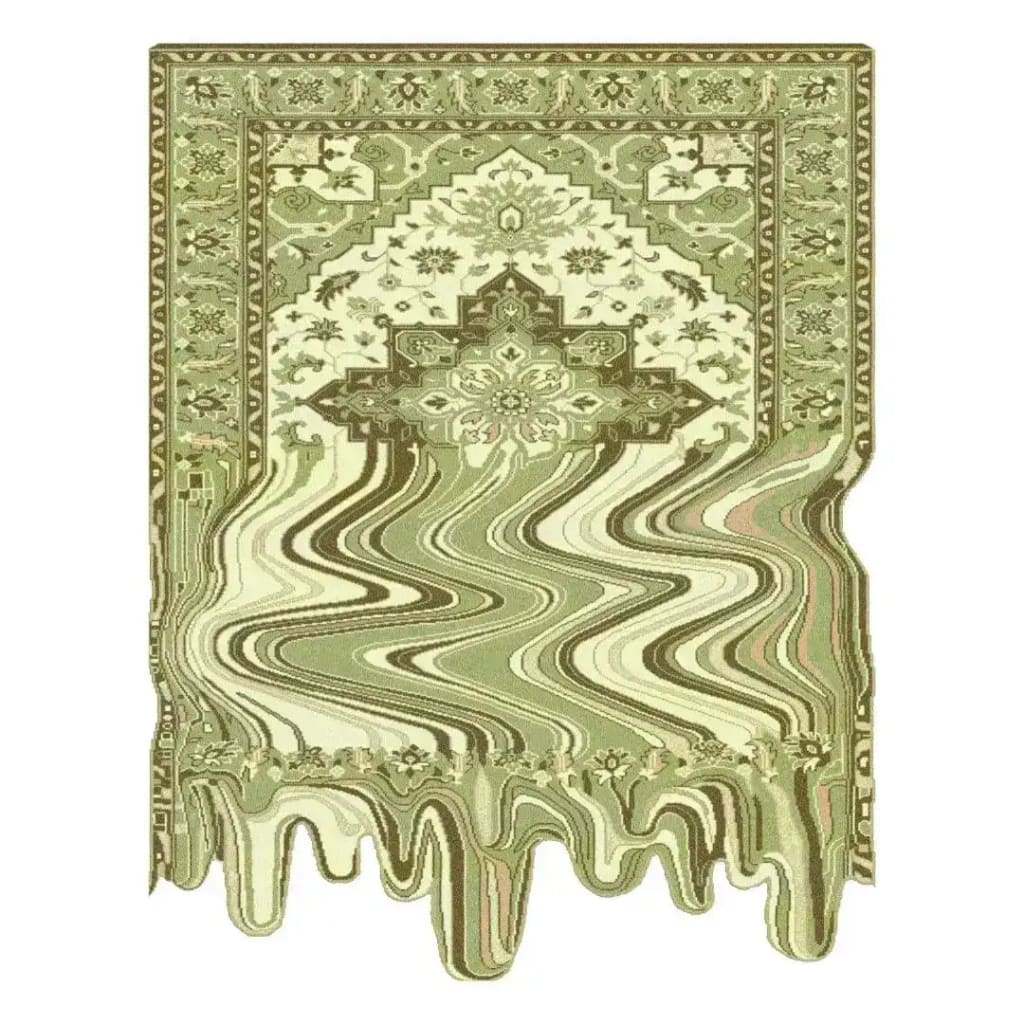 This image showcases a Lime Green Melting Traditional Persian Hand Tufted Wool Rug. The area rug features an intricate Persian design with a unique melting effect at the edges, making it perfect for adding a creative touch to dining rooms or living room areas. Made from high-quality wool, this rug combines traditional aesthetics with modern artistry.