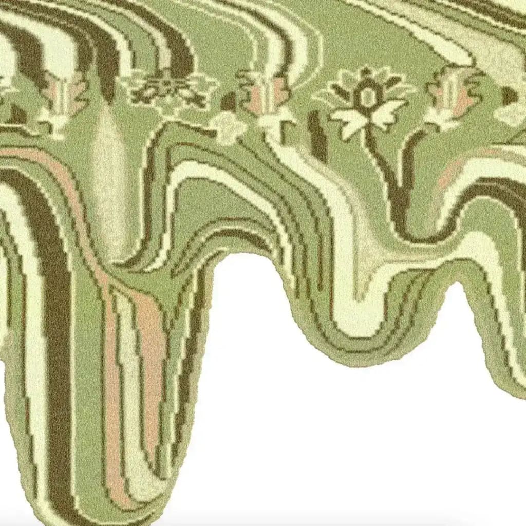 Close-up view of a lime green melting traditional Persian hand-tufted wool area rug, showcasing intricate floral patterns and wavy lines. Perfect for adding a unique touch to dining room or living room area rugs.