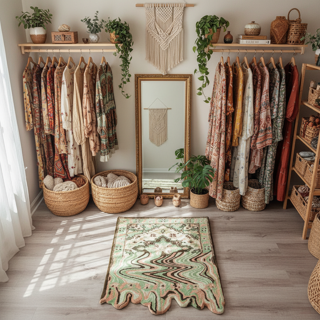 Boho-style room with clothing racks, plants, and decorative items.