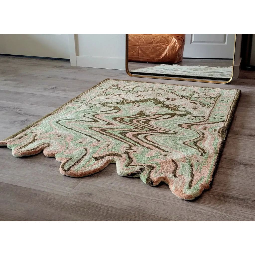 Lime Green Melting Traditional Persian Hand Tufted Wool Rug in a modern living room setting. This area rug features an abstract pattern, perfect for adding a touch of elegance to dining rooms or living room areas. The wool rug showcases intricate Persian design elements, complementing contemporary interiors.