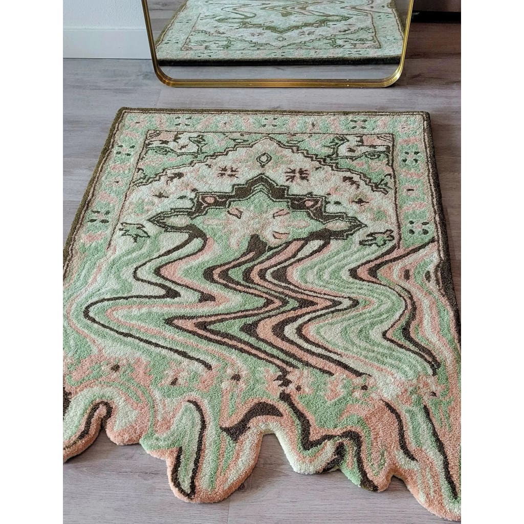 A beautiful lime green melting traditional Persian hand tufted wool rug, perfect for enhancing your living room or dining room. This area rug features intricate patterns and a unique wavy edge design, ideal for those looking to add a Persian touch to their home decor.