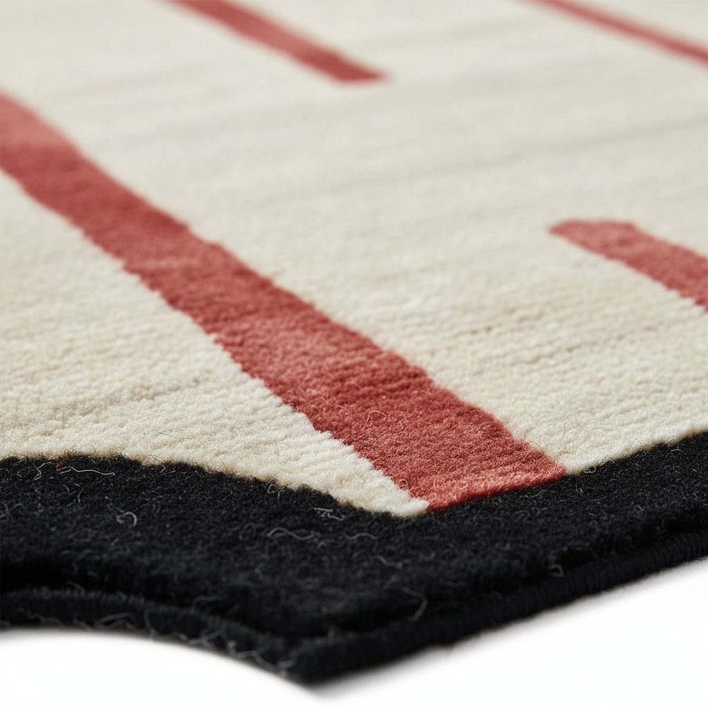 Close-up of a geometric-patterned rug with red, black, and white colors.