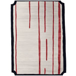 Top view of the Line Fragment Flow Hand Tufted Area Rug, showcasing a contemporary design with red vertical lines on a cream background. This wool rug is perfect for modern living room spaces, adding a stylish touch to your home decor.