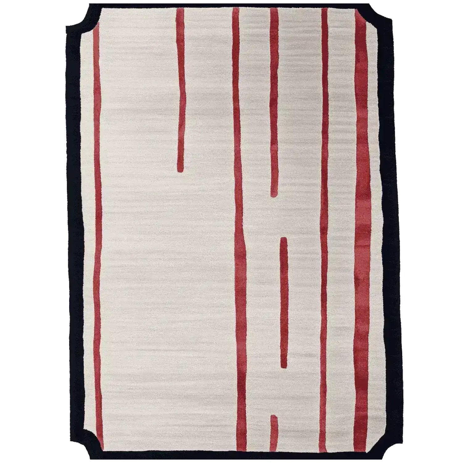 Top view of the Line Fragment Flow Hand Tufted Area Rug, showcasing a contemporary design with red vertical lines on a cream background. This wool rug is perfect for modern living room spaces, adding a stylish touch to your home decor.