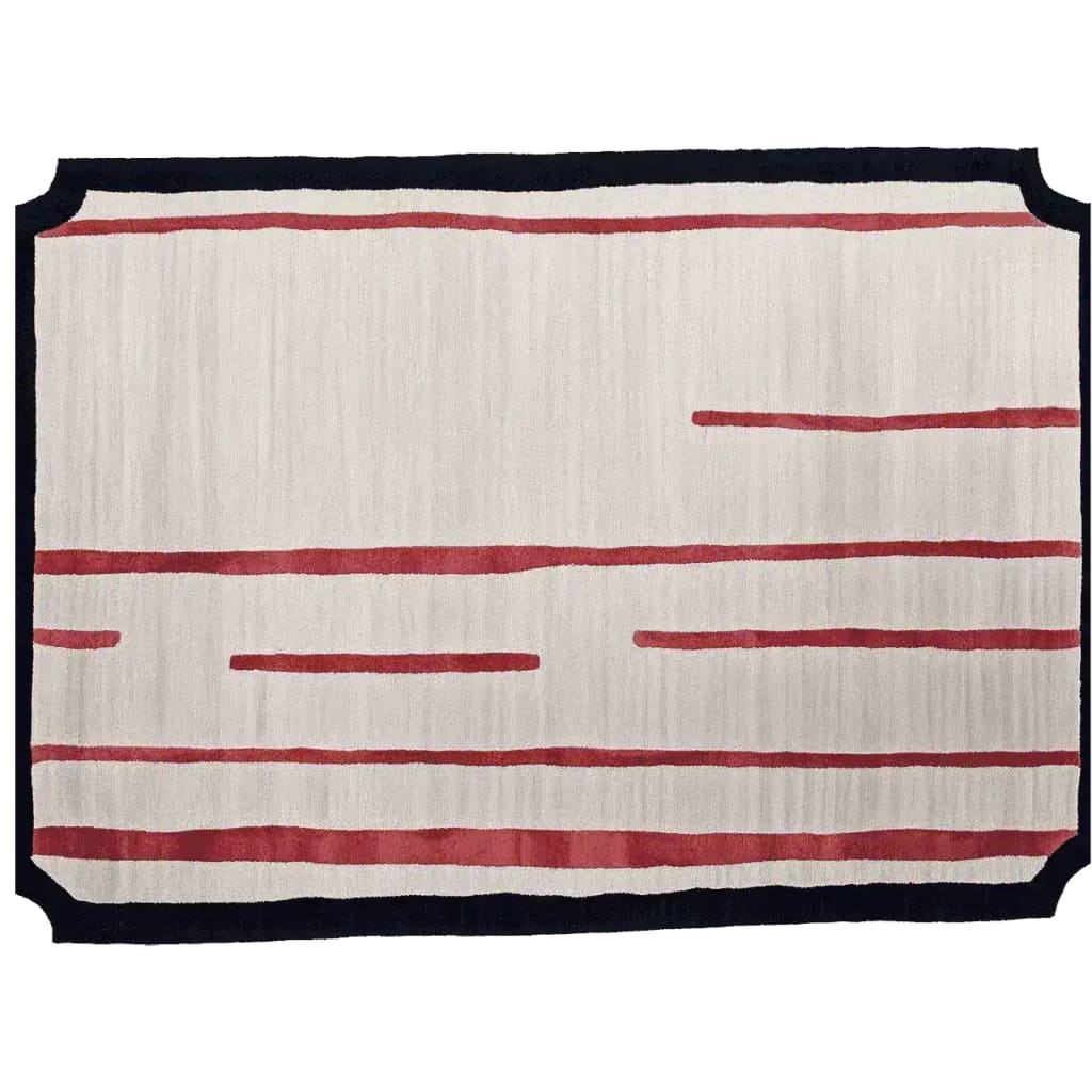 Top view of the Line Fragment Flow Hand Tufted Area Rug, showcasing its contemporary design with red linear patterns on a cream background. This wool rug adds a modern touch to living room spaces, perfect for those seeking stylish living room area rugs.