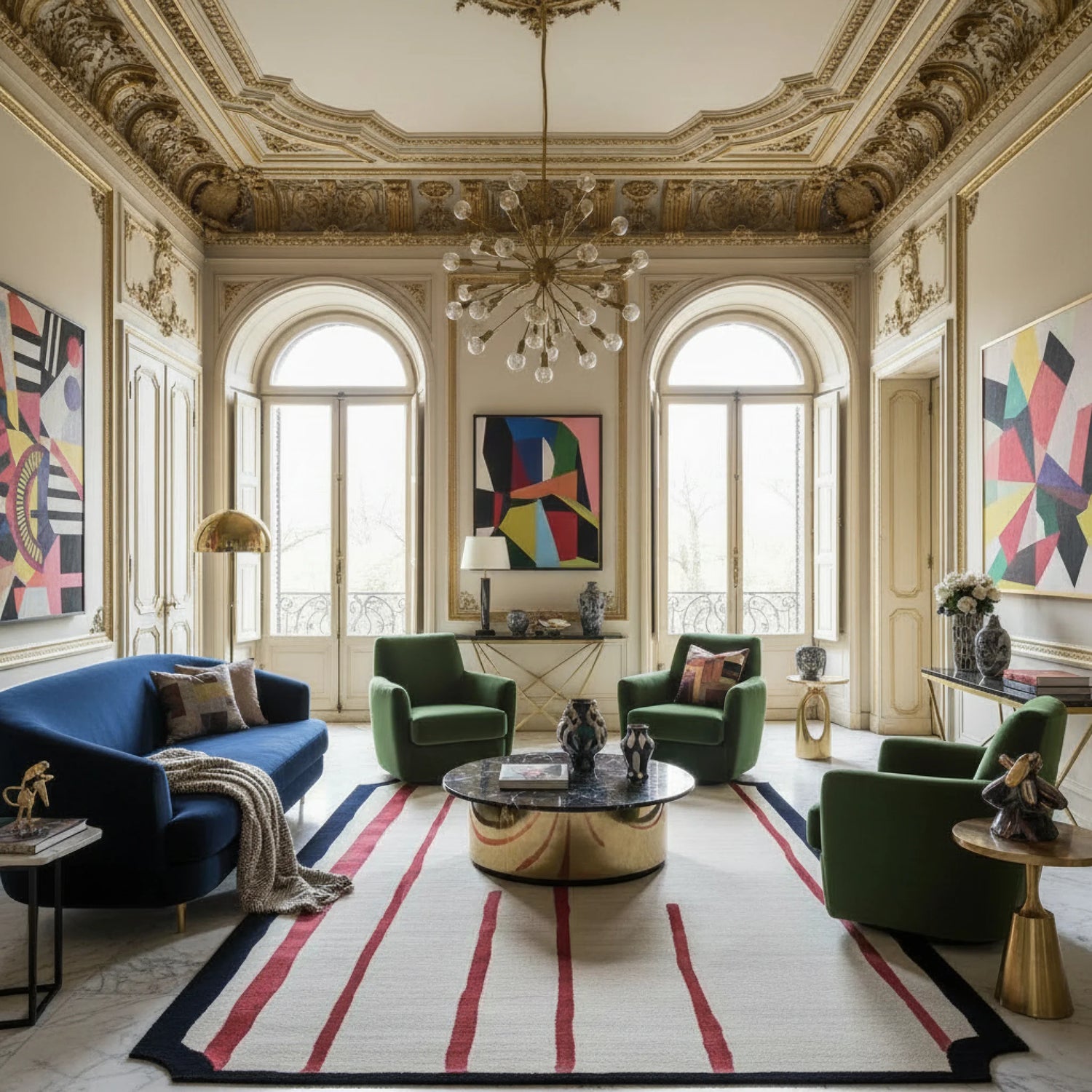 Luxurious living room with ornate ceiling, colorful artwork, and modern furniture.