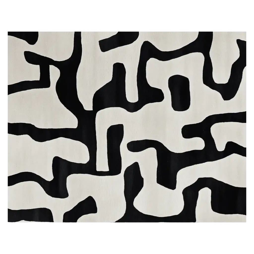 Stylish area rug featuring a modern abstract design in black and white, perfect for adding a contemporary touch to any living room. This wool rug offers a unique pattern that enhances the decor of living room area rugs.