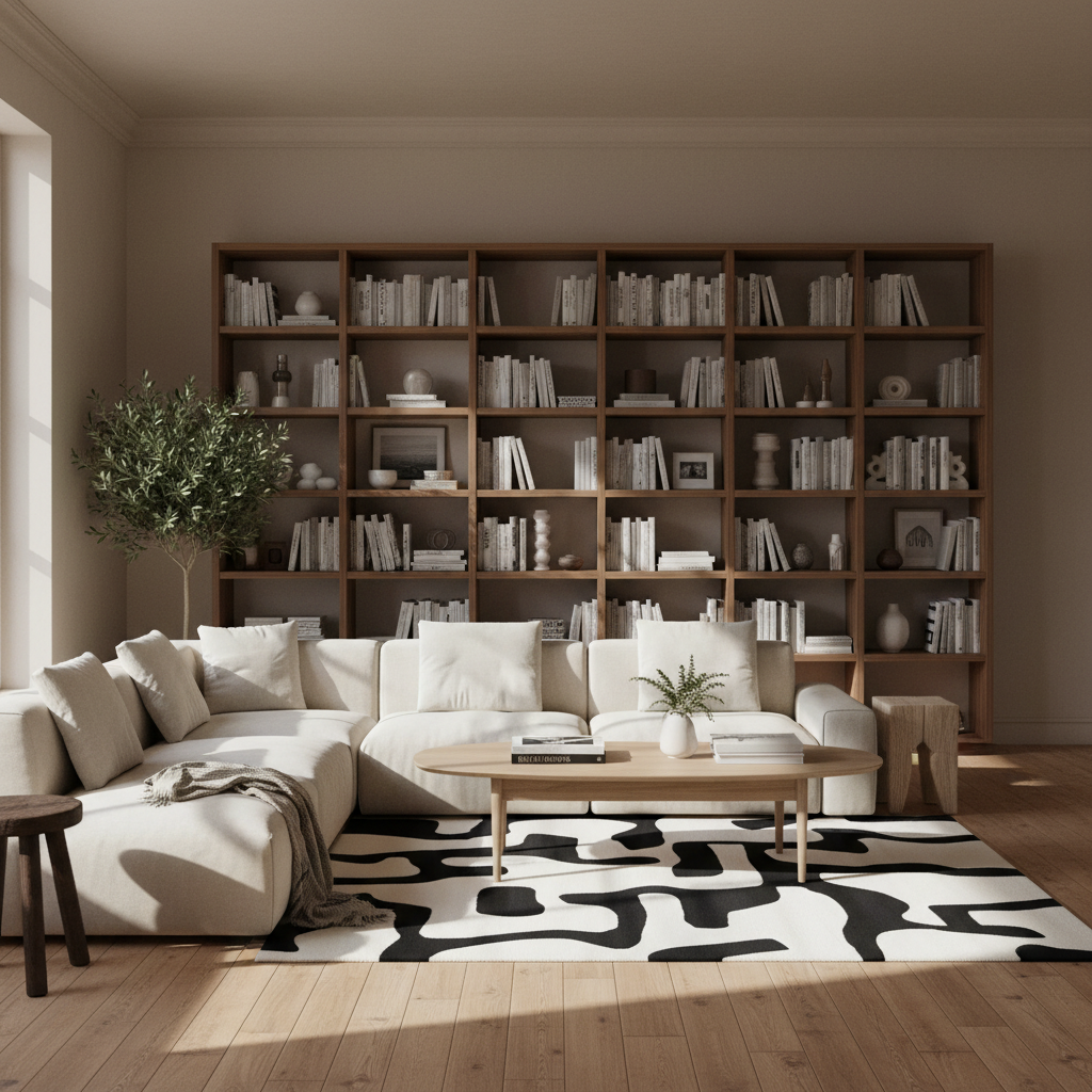 A modern living room featuring a large beige sectional sofa, a light wood coffee table, a black and white abstract patterned rug, and a massive wooden bookcase filled with books in the background.