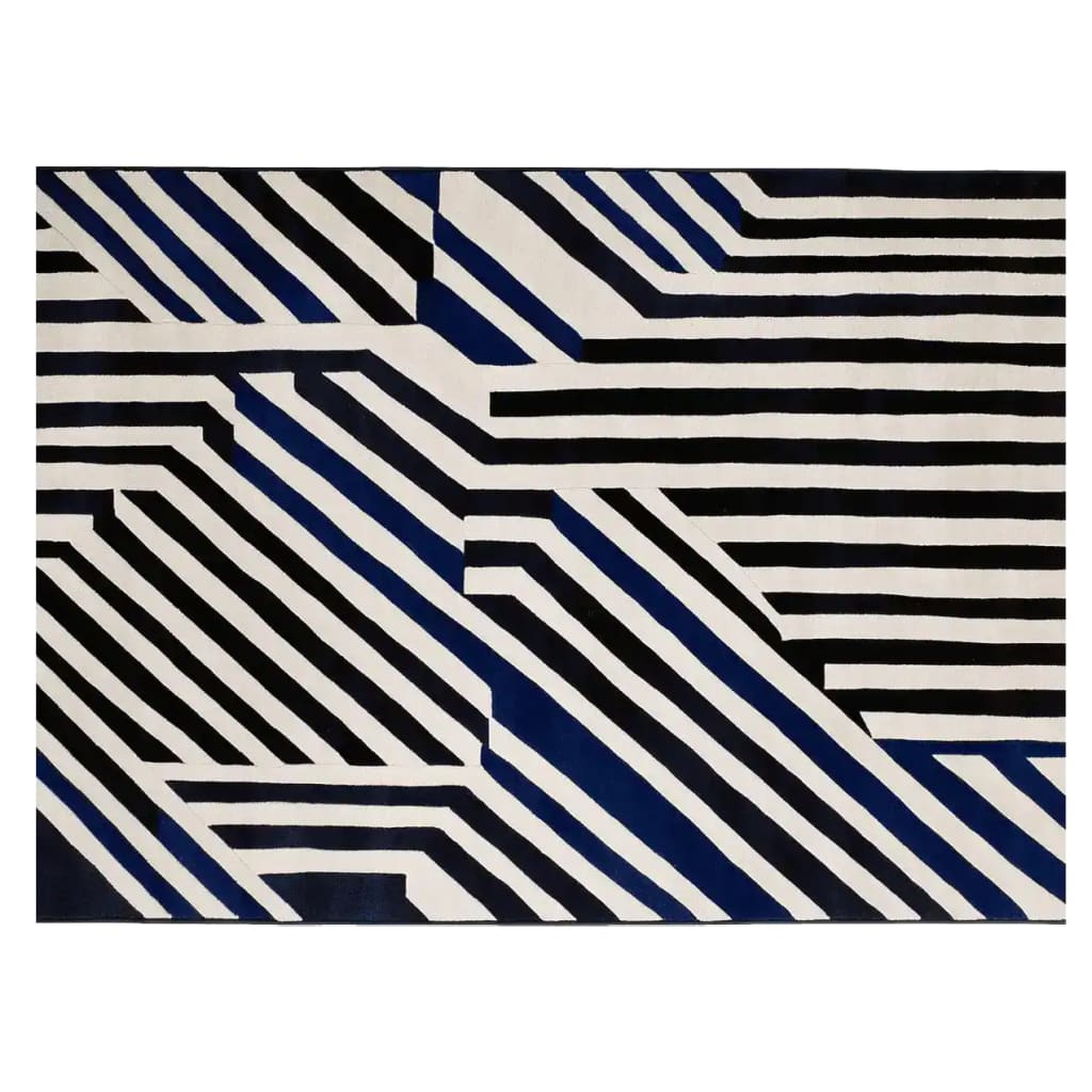 The Line Rhythm Hand Tufted Rug is a striking area rug featuring a bold geometric pattern in black, white, and blue. This contemporary wool rug is perfect for adding a modern touch to large living rooms, making it a standout piece among area rugs for living room settings.