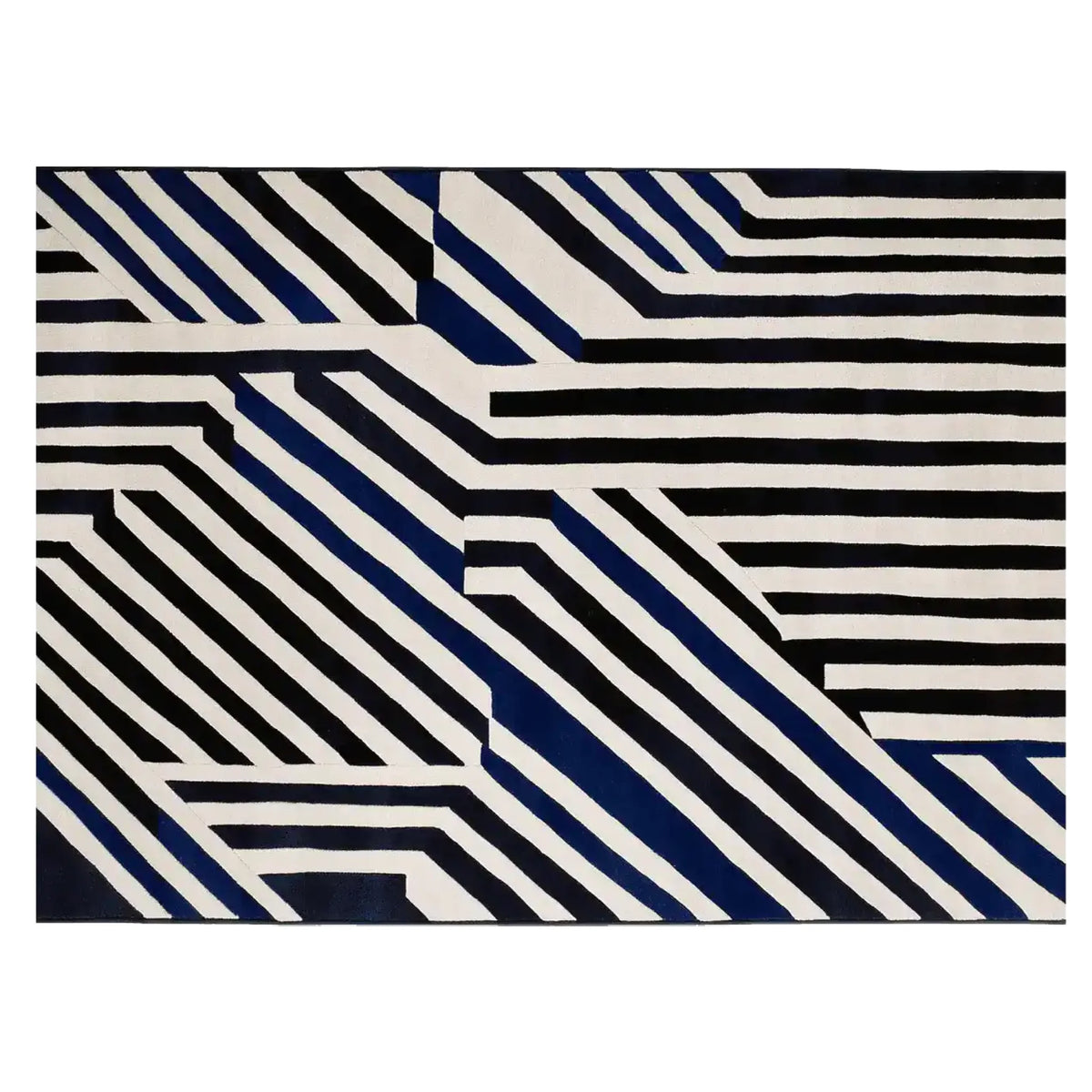 The Line Rhythm Hand Tufted Rug is a striking area rug featuring a bold geometric pattern in black, white, and blue. This contemporary wool rug is perfect for adding a modern touch to large living rooms, making it a standout piece among area rugs for living room settings.