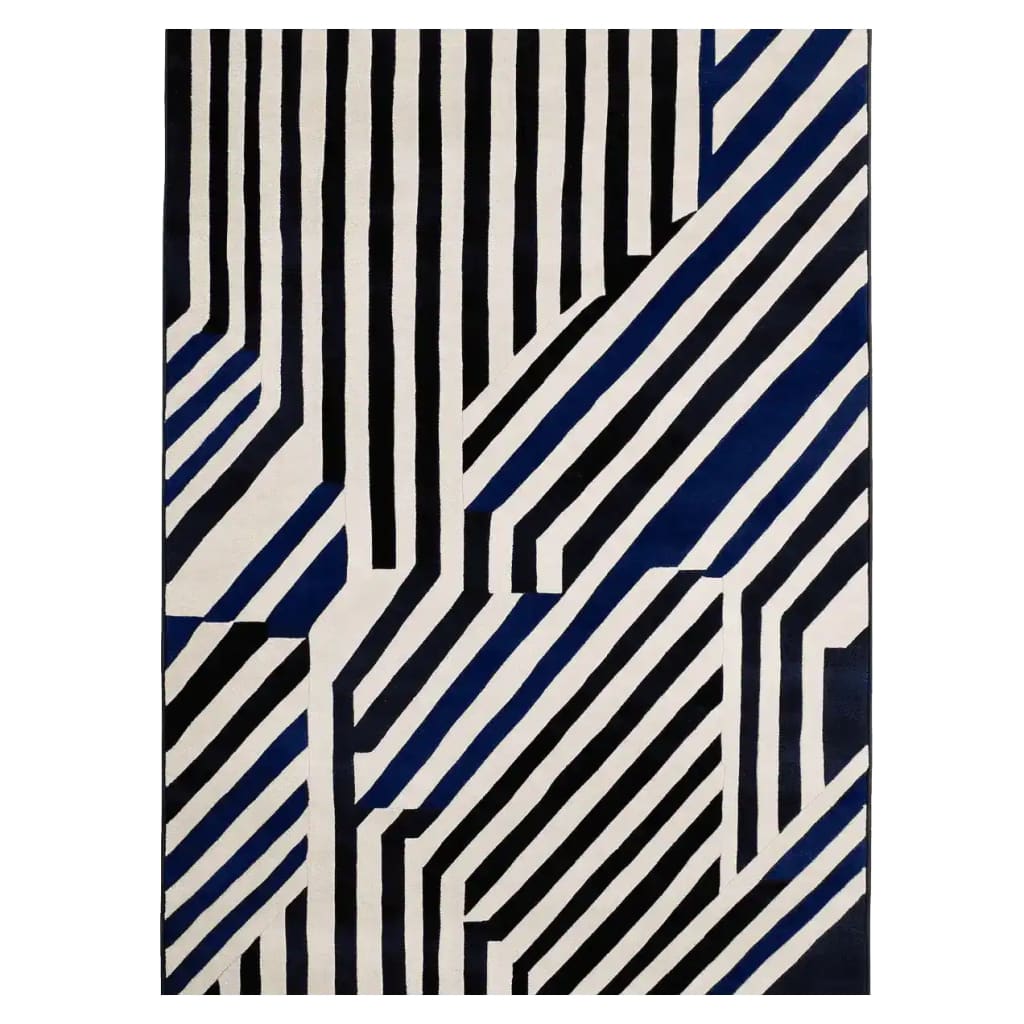 The Line Rhythm Hand Tufted Rug features a striking geometric pattern with bold black and blue stripes on a cream background. This contemporary wool rug is perfect for adding a modern touch to large living rooms. Ideal as an area rug for living room spaces, it combines style and comfort seamlessly.