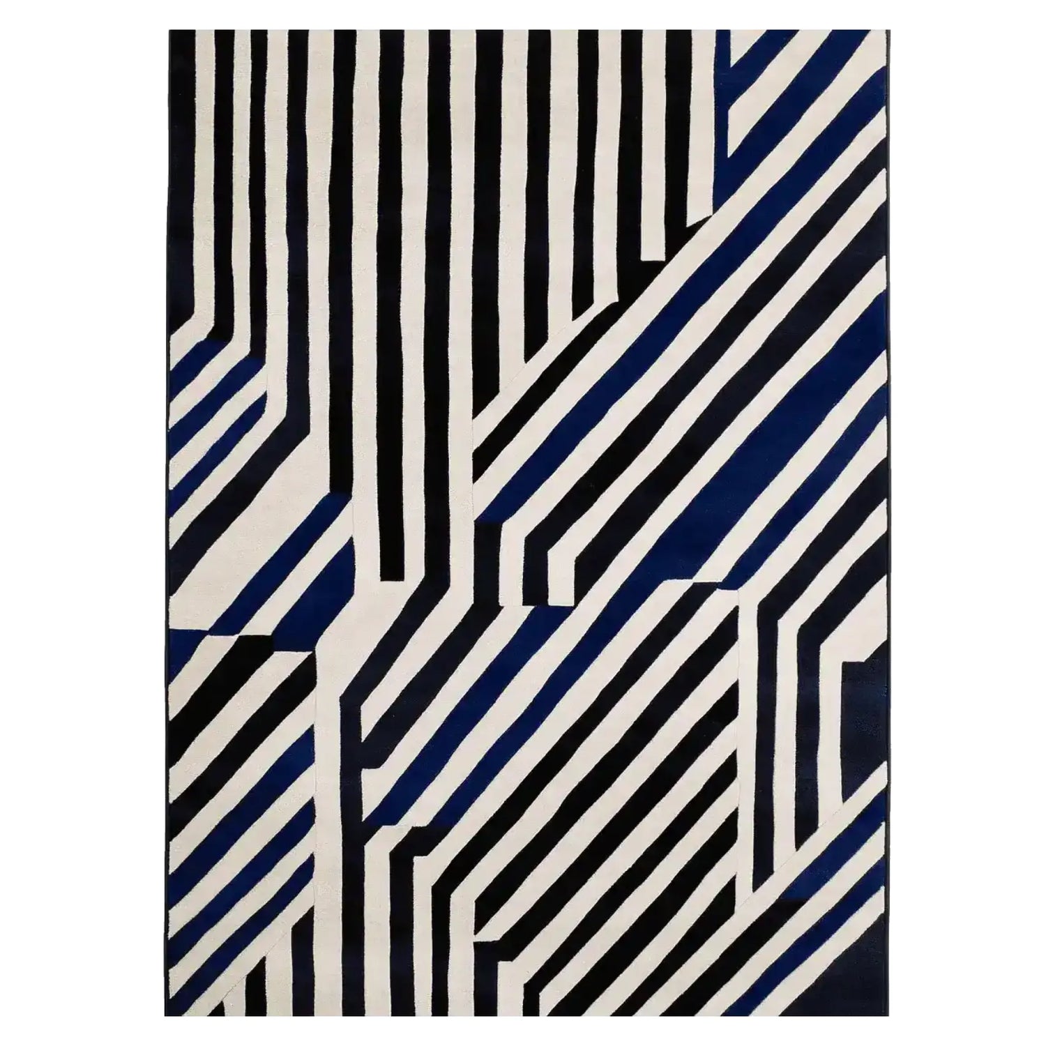 The Line Rhythm Hand Tufted Rug features a striking geometric pattern with bold black and blue stripes on a cream background. This contemporary wool rug is perfect for adding a modern touch to large living rooms. Ideal as an area rug for living room spaces, it combines style and comfort seamlessly.