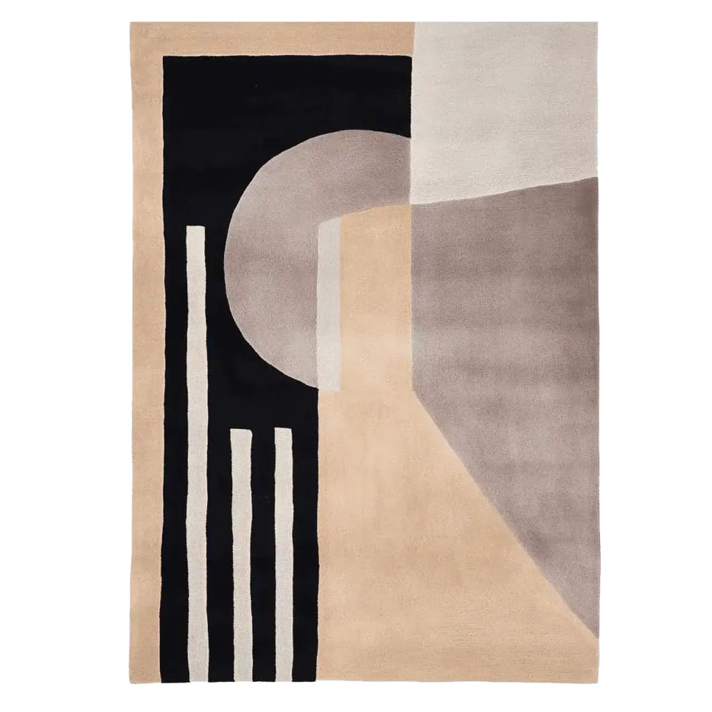 A stylish area rug showcasing a contemporary design with abstract geometric patterns in neutral tones. This wool rug adds a modern touch to any living room, making it an ideal choice for 8x10 spaces.