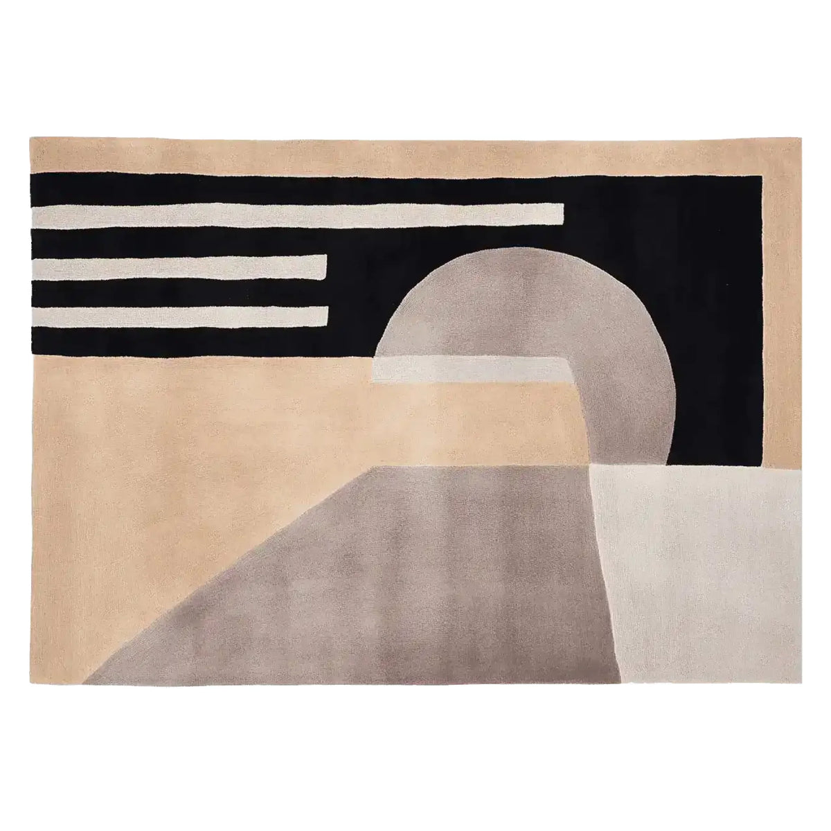 This contemporary area rug features an abstract geometric design with a blend of soft beige, gray, and black tones. Made from high-quality wool, this hand-tufted rug is perfect for adding a modern touch to your living room. Ideal as an 8x10 rug, it combines style and comfort for any space.
