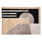 This contemporary area rug features an abstract geometric design with a blend of soft beige, gray, and black tones. Made from high-quality wool, this hand-tufted rug is perfect for adding a modern touch to your living room. Ideal as an 8x10 rug, it combines style and comfort for any space.