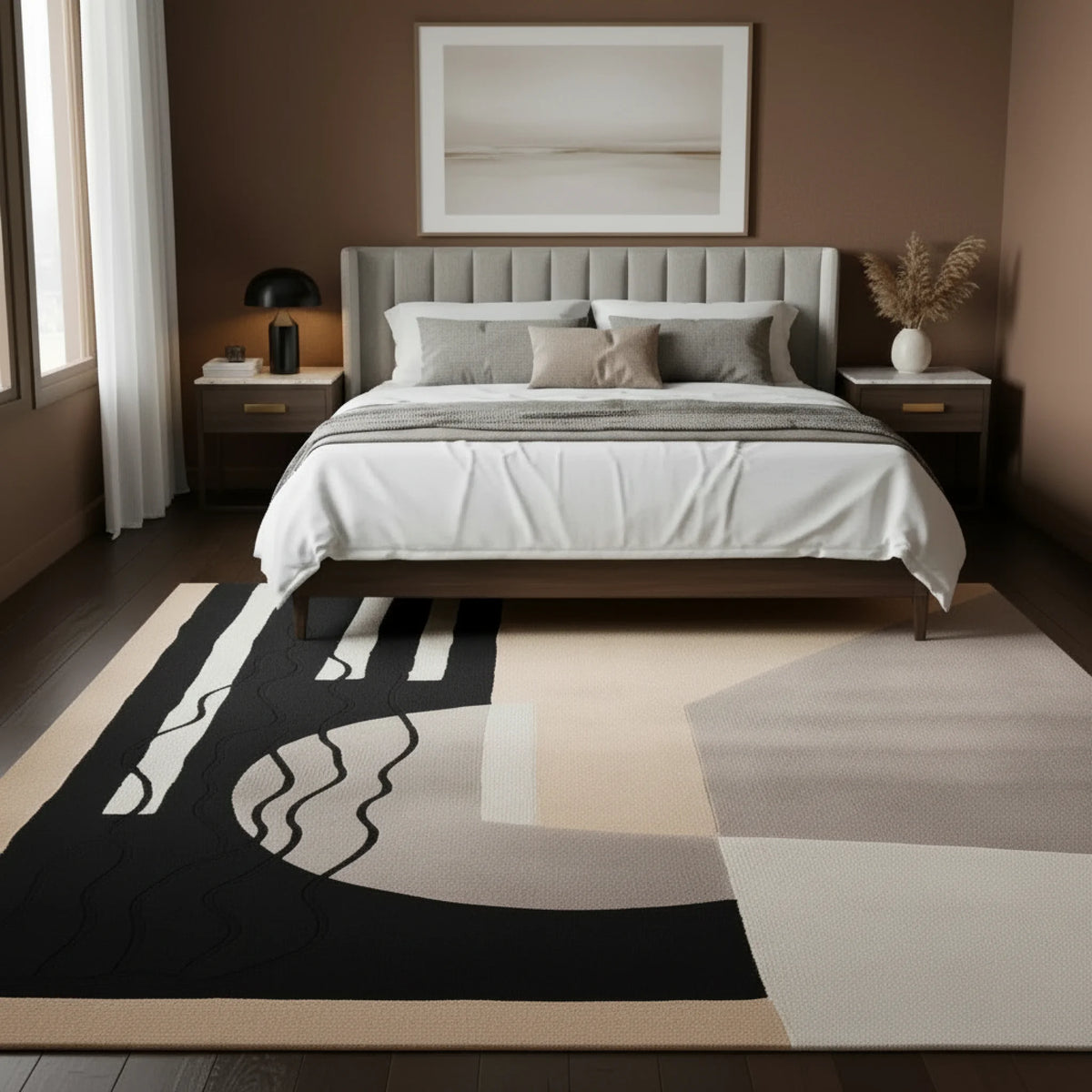 contemporary bed room with beige rug
