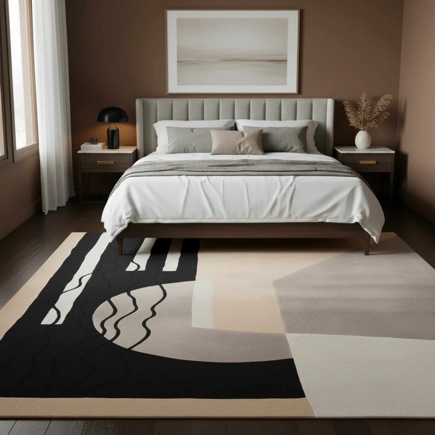 contemporary bed room with beige rug
