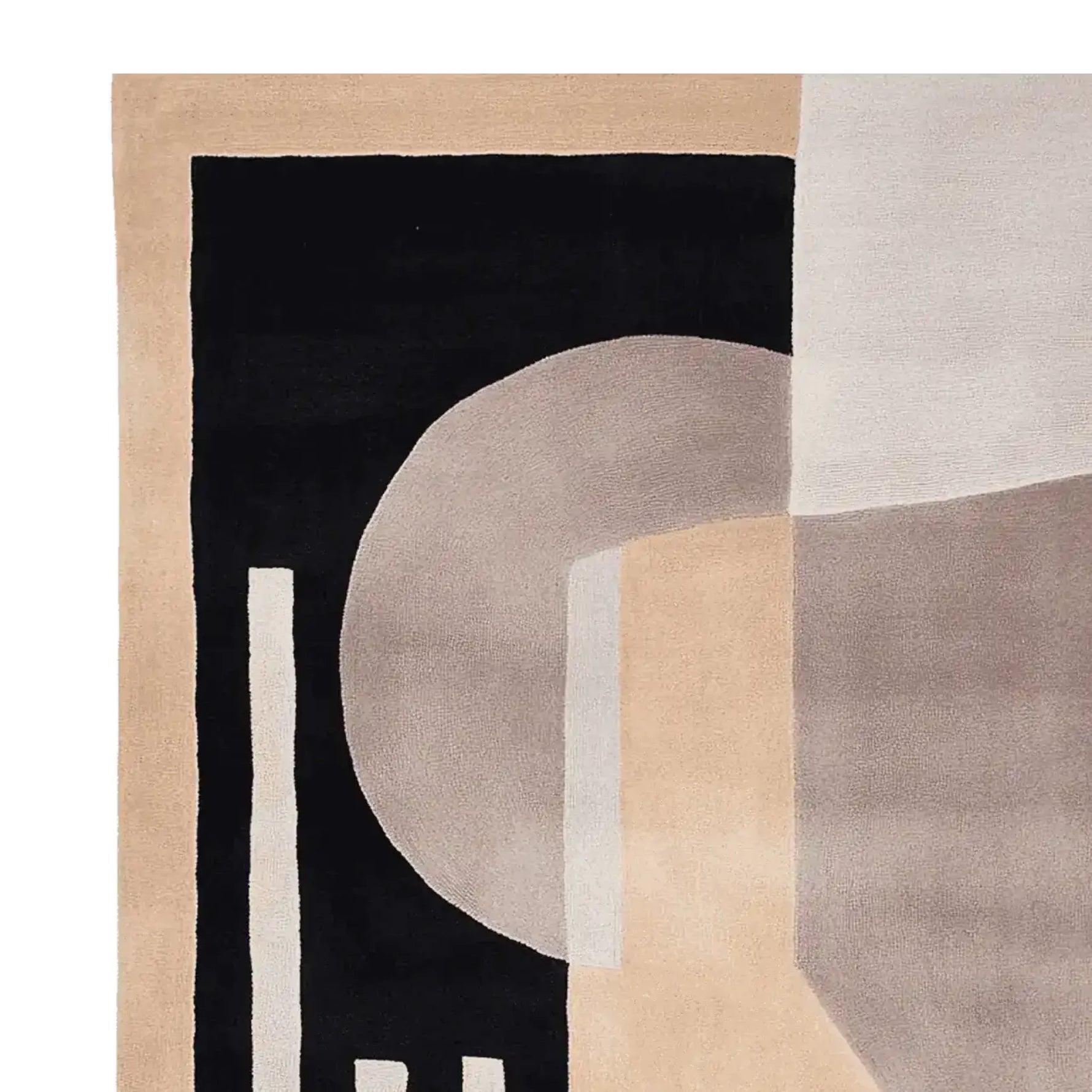 Close-up view of a contemporary area rug featuring abstract geometric patterns in shades of beige, gray, and black. This wool rug is perfect for adding a modern touch to living rooms, available in 8x10 size.