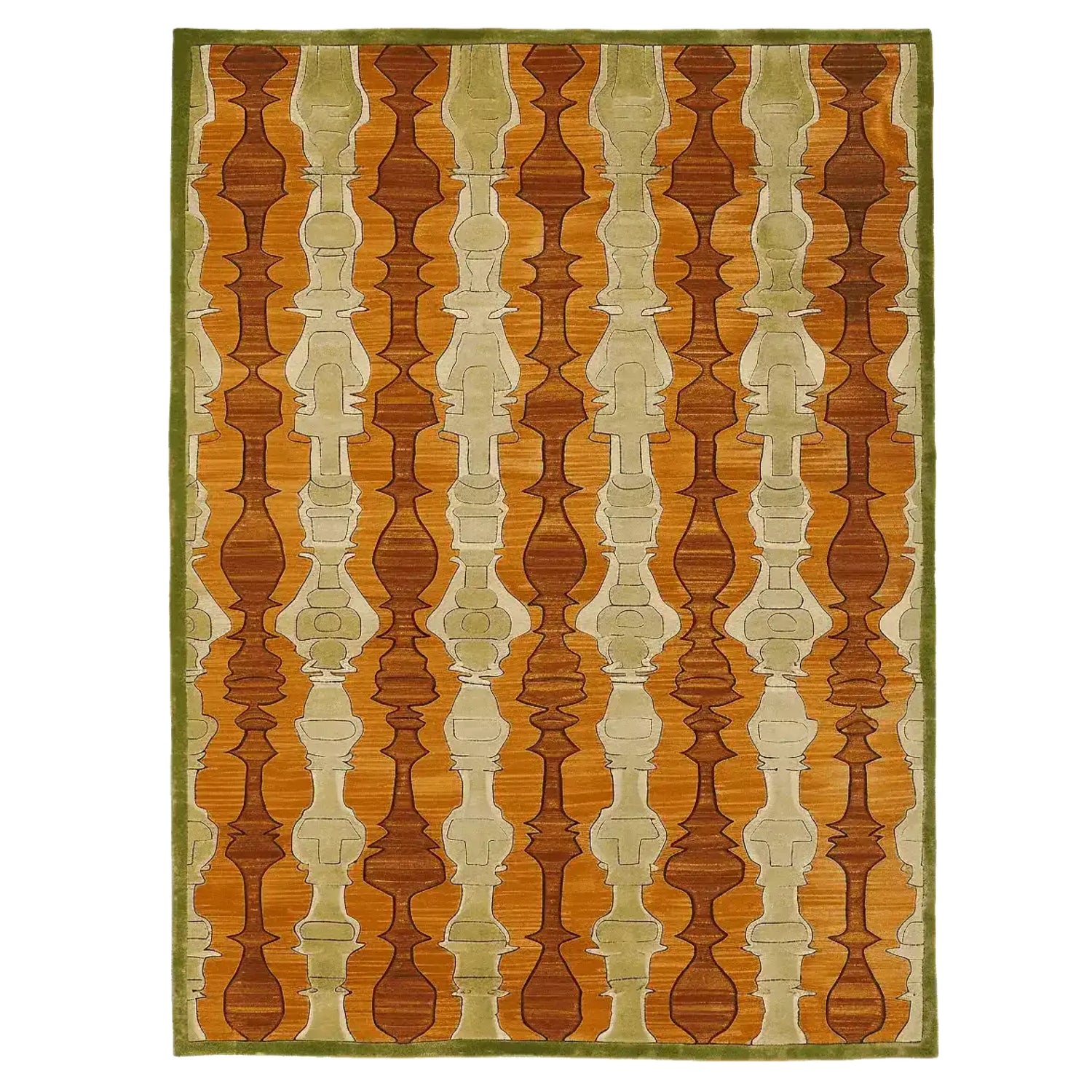 The Linear Dramatic Stripe Hand Tufted Rug features a bold, geometric pattern in earthy tones of brown, beige, and green. This wool area rug, perfect for contemporary living room settings, showcases intricate stripes creating a dramatic visual effect. Ideal for those seeking large living room area rugs that combine style with comfort.