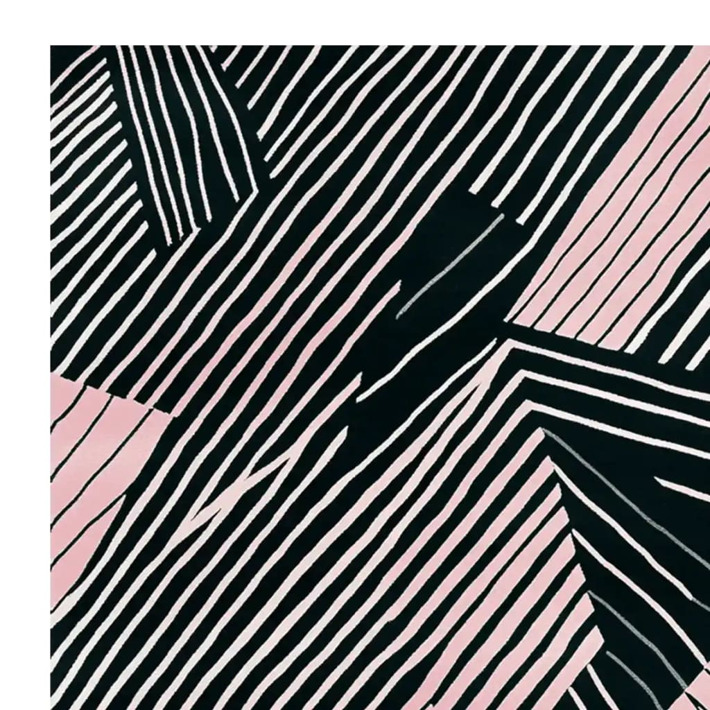 Top view of the Linear Dream Riot hand tufted rug, showcasing an abstract pattern with black and pink stripes. This square area rug is perfect for adding a contemporary touch to any living room. Crafted from wool, it makes an elegant 8x10 addition to your space, ideal for those seeking stylish area rugs for the living room.