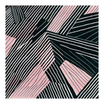 A stylish area rug featuring a modern abstract design with bold black and pink geometric patterns. This square rug, perfect for an 8x10 living room, adds a contemporary touch. Made from high-quality wool, it serves as a standout piece among area rugs for living rooms.