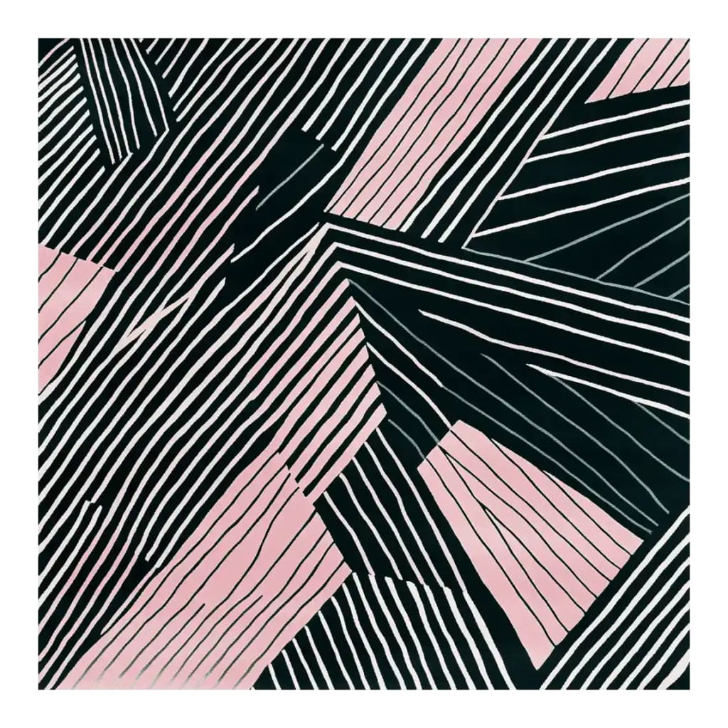 A stylish area rug featuring a modern abstract design with bold black and pink geometric patterns. This square rug, perfect for an 8x10 living room, adds a contemporary touch. Made from high-quality wool, it serves as a standout piece among area rugs for living rooms.