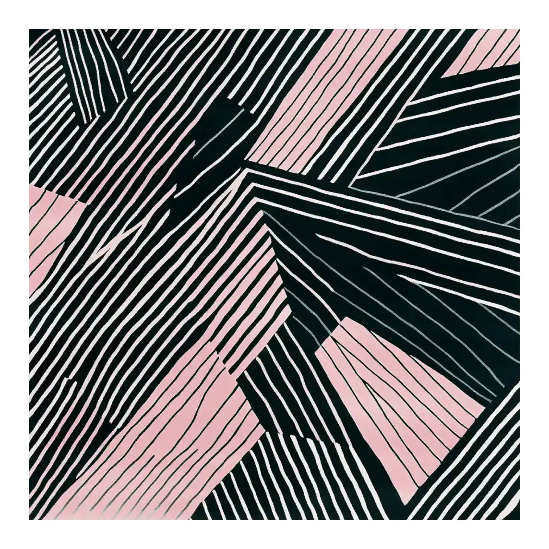 A stylish area rug featuring a modern abstract design with bold black and pink geometric patterns. This square rug, perfect for an 8x10 living room, adds a contemporary touch. Made from high-quality wool, it serves as a standout piece among area rugs for living rooms.