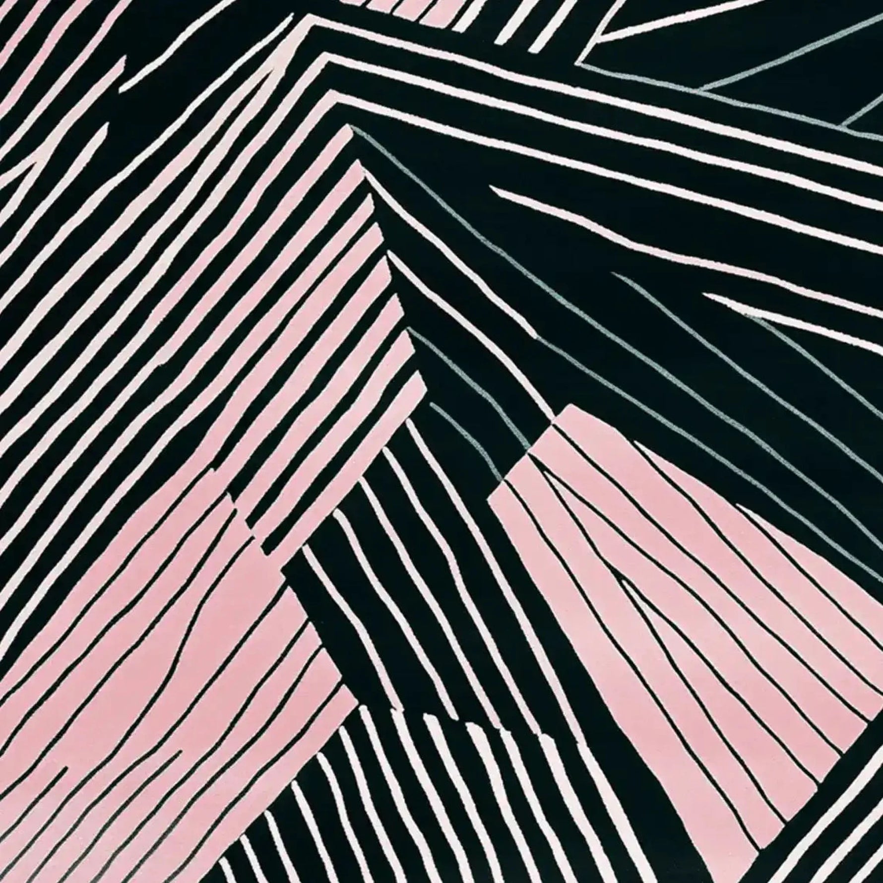 This contemporary wool rug features a striking abstract design with bold black and pink geometric lines, making it a perfect square area rug for modern living spaces. Ideal as an area rug for the living room, this hand tufted piece adds a touch of artistic flair to any 8x10 space.