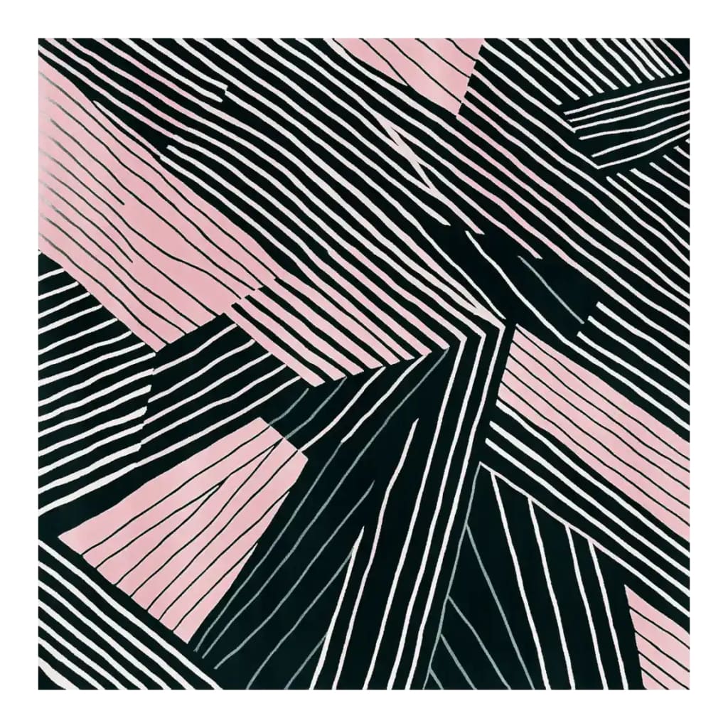 Contemporary wool area rug featuring an abstract pattern with black and pink geometric lines, perfect for adding a modern touch to living room spaces. This square area rug, measuring 8x10, is ideal for those seeking stylish area rugs for the living room.