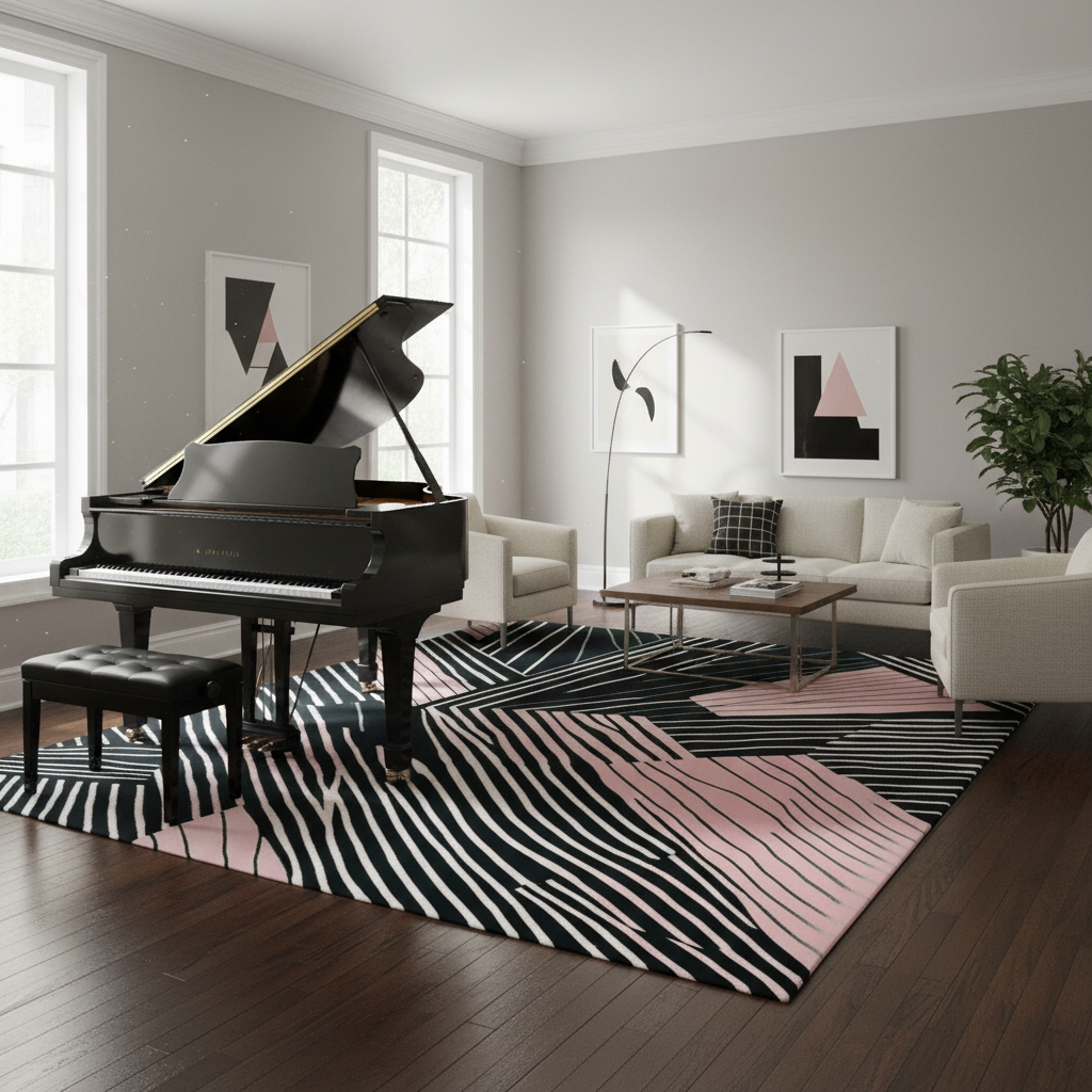 Modern living room with a grand piano, striped rug, and stylish decor.