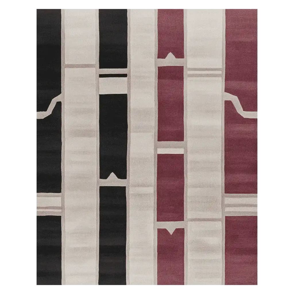 Top view of a Linear Mood Frame Hand Tufted Rug, showcasing its contemporary design with bold black and burgundy stripes. This wool area rug is perfect for adding a modern touch to any living room, available in an 8x10 size.
